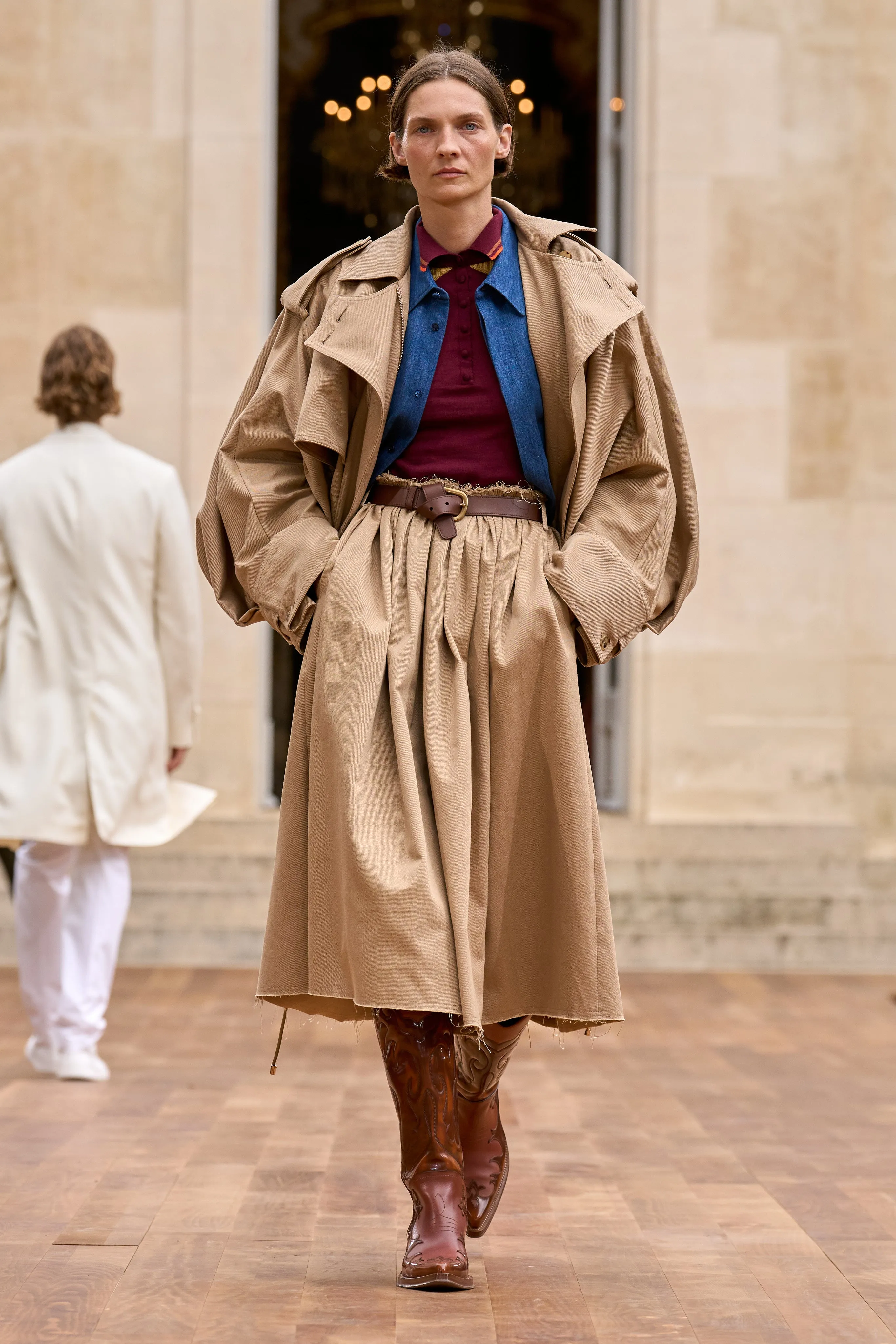 Chiara Pleated Midi Skirt in Camel Sea Island Cotton Twill A line