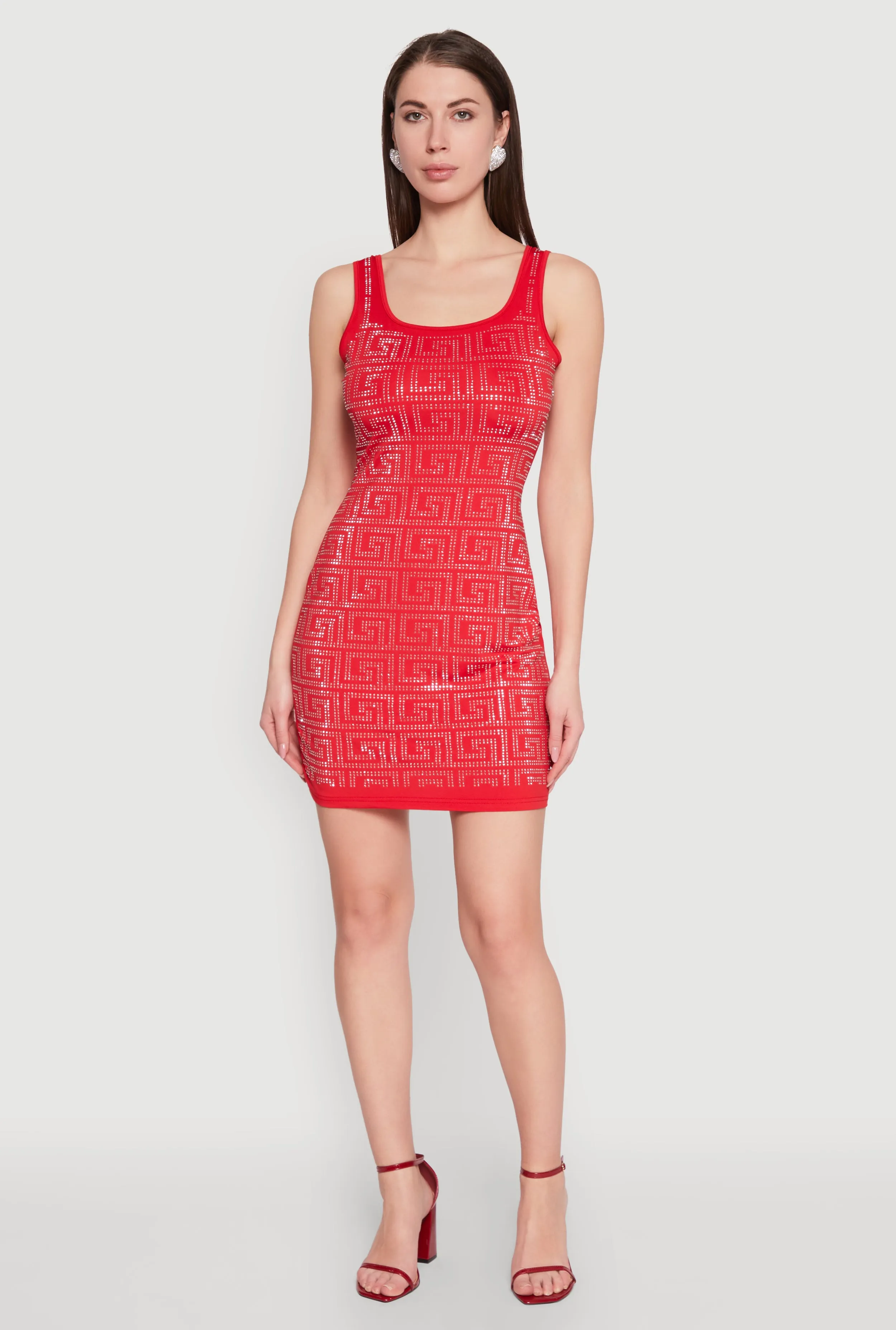 Party Soft Soft Brushed Interior Greek Key Rhinestone Mini Dress