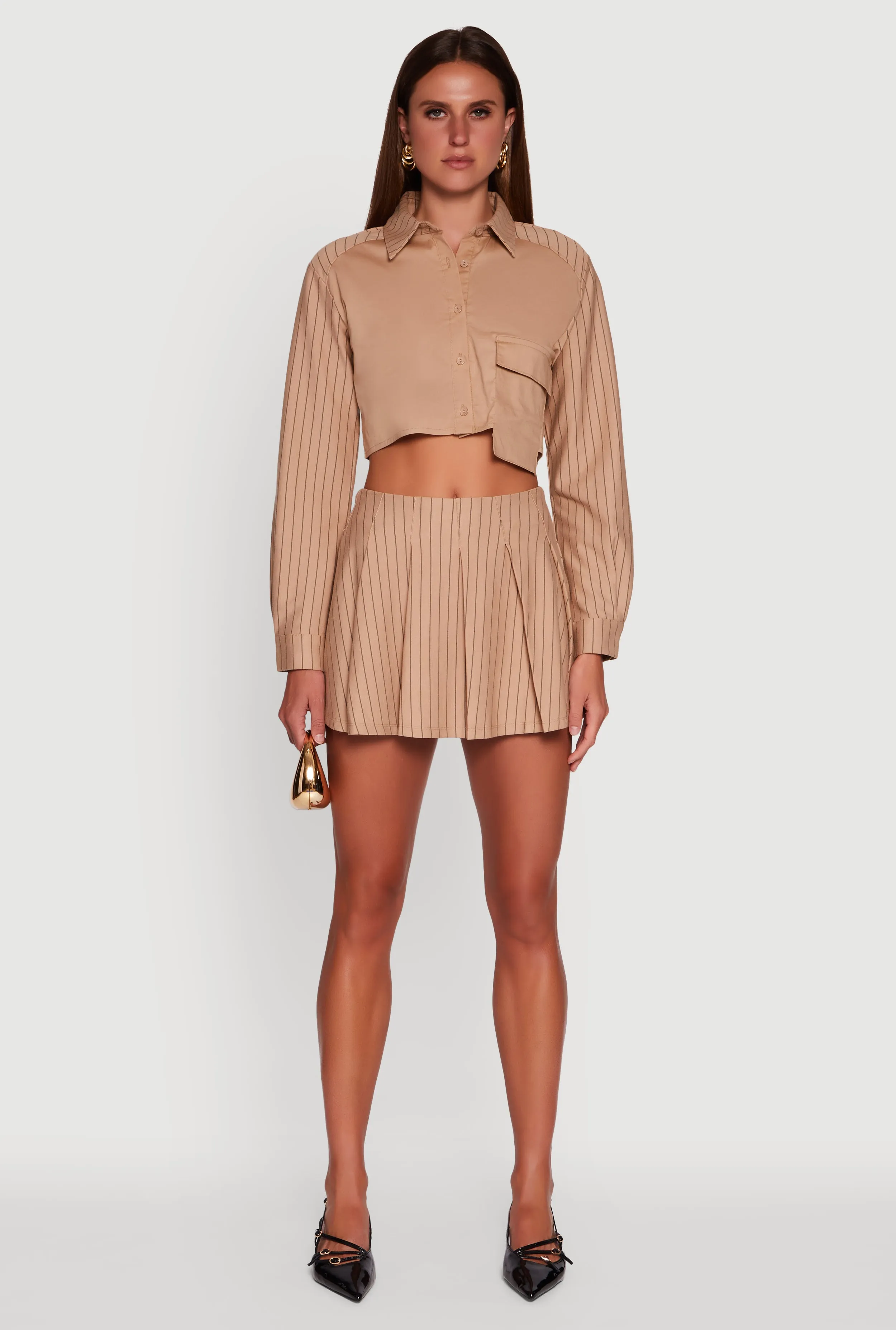 Trendy High Waisted Pinstripe Pleated Mini Skirt Laidback Style Seasonal Must Have