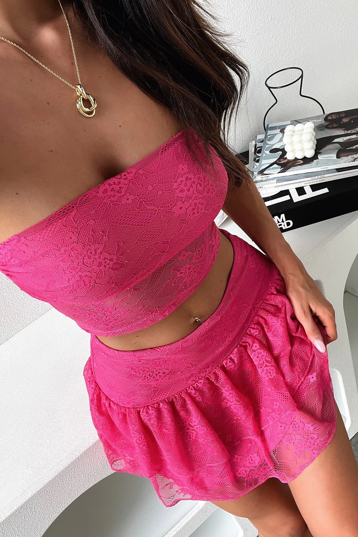 Annabelle Lace Mini Skirt - Pink Twist Front Design Rolled Hem