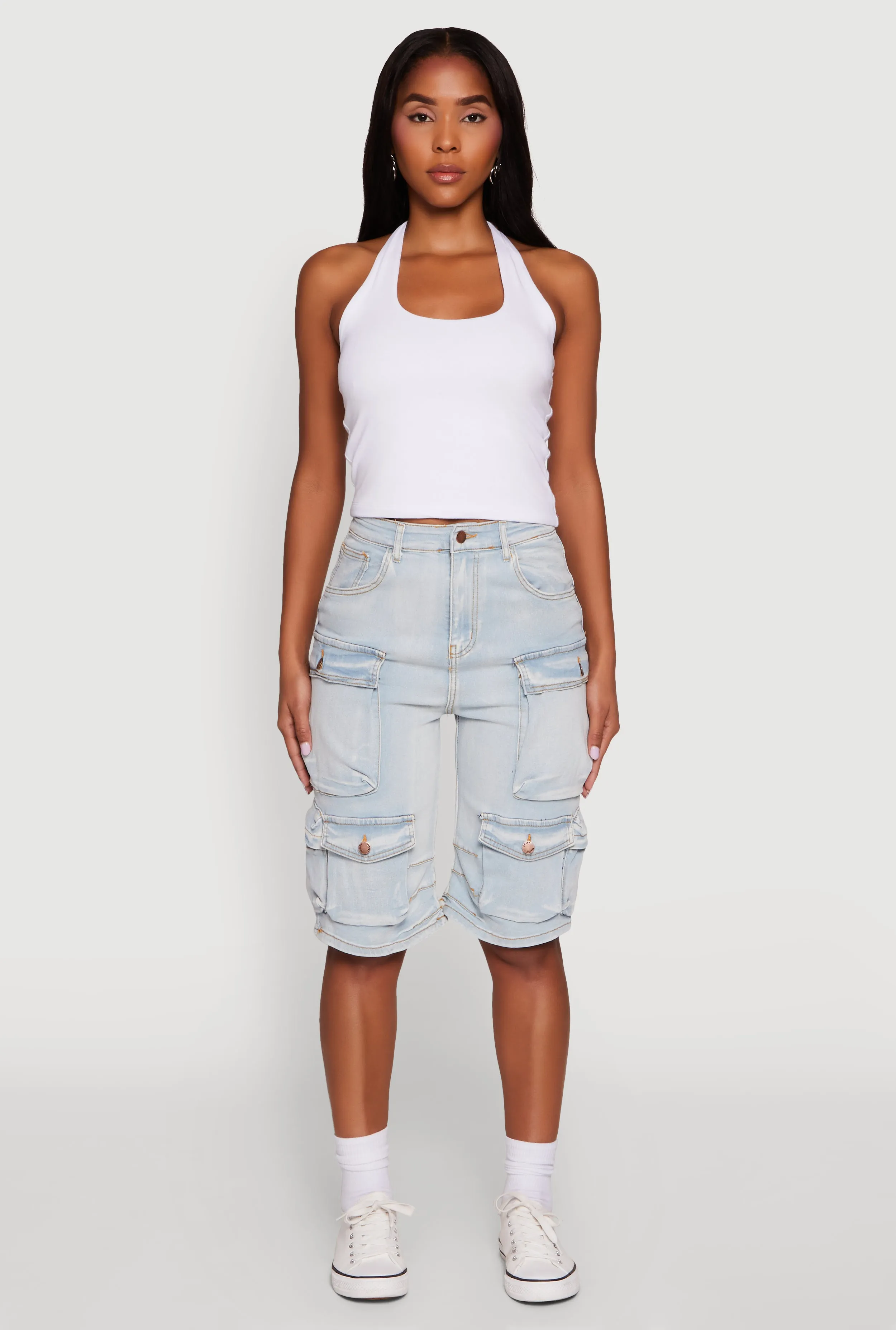 Daisy High Waisted Acid Wash Denim Cargo Shorts Layered Protection System