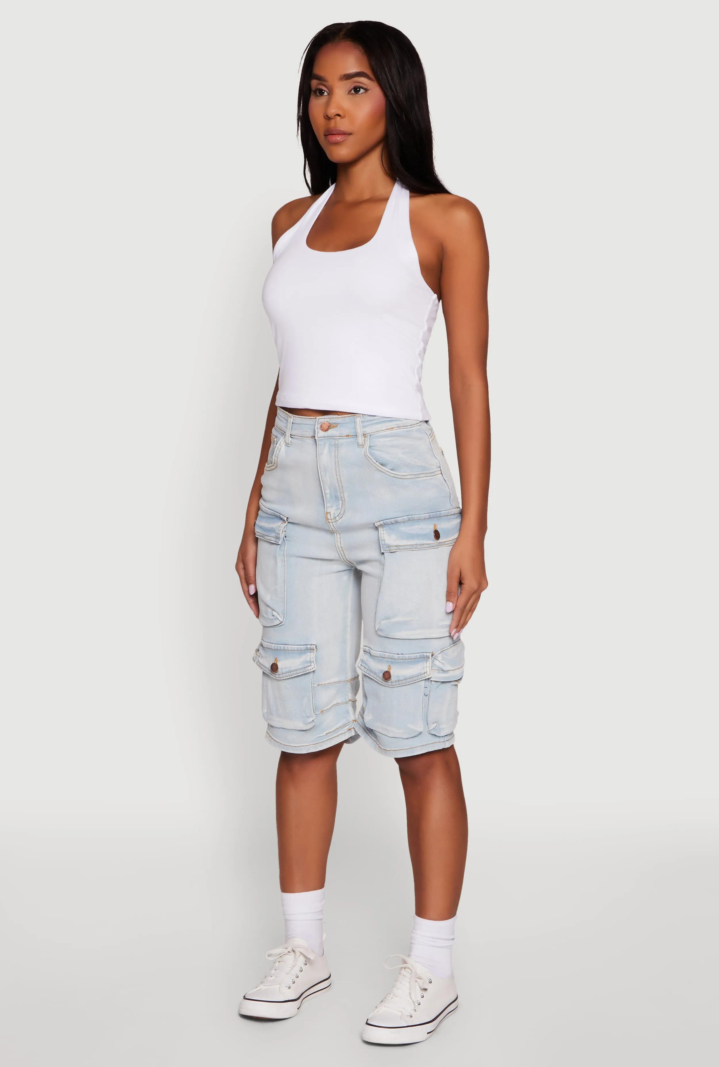 Snag Free Design Evening Wear Daisy High Waisted Acid Wash Denim Cargo Shorts