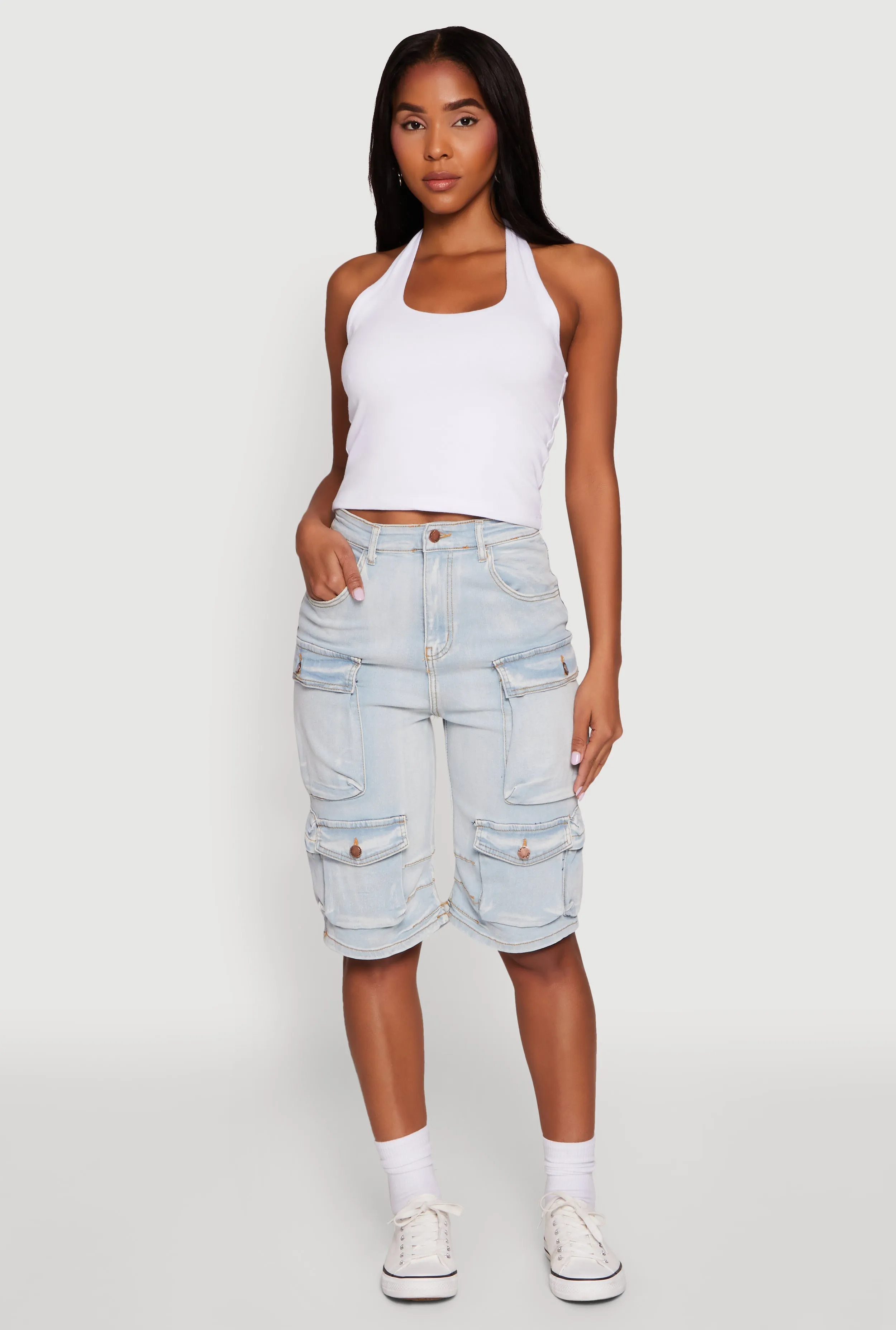 Daisy High Waisted Acid Wash Denim Cargo Shorts Warm Vibe Extended Inseam Options