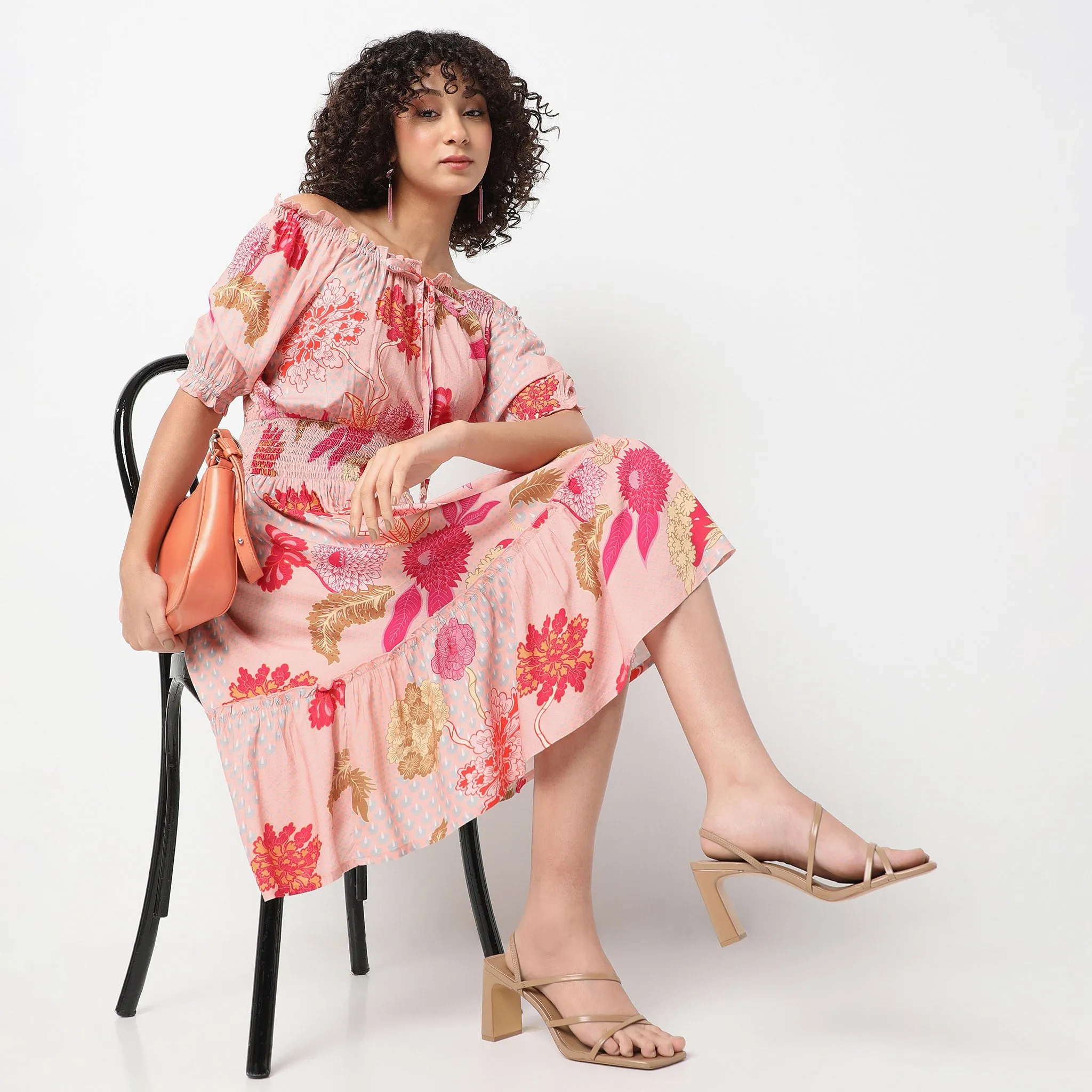 Off Shoulder Calf Length Flare Fit Printed Dress AntiStatic Treatment