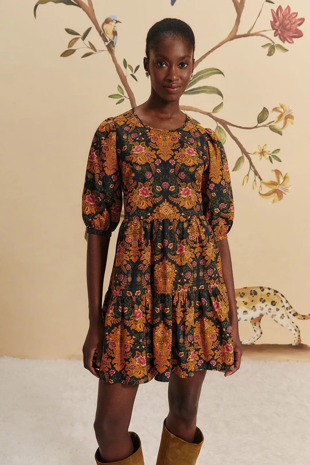 Black Arabesque Floral Puff Sleeve Mini Dress Shine Bold Bright Pop