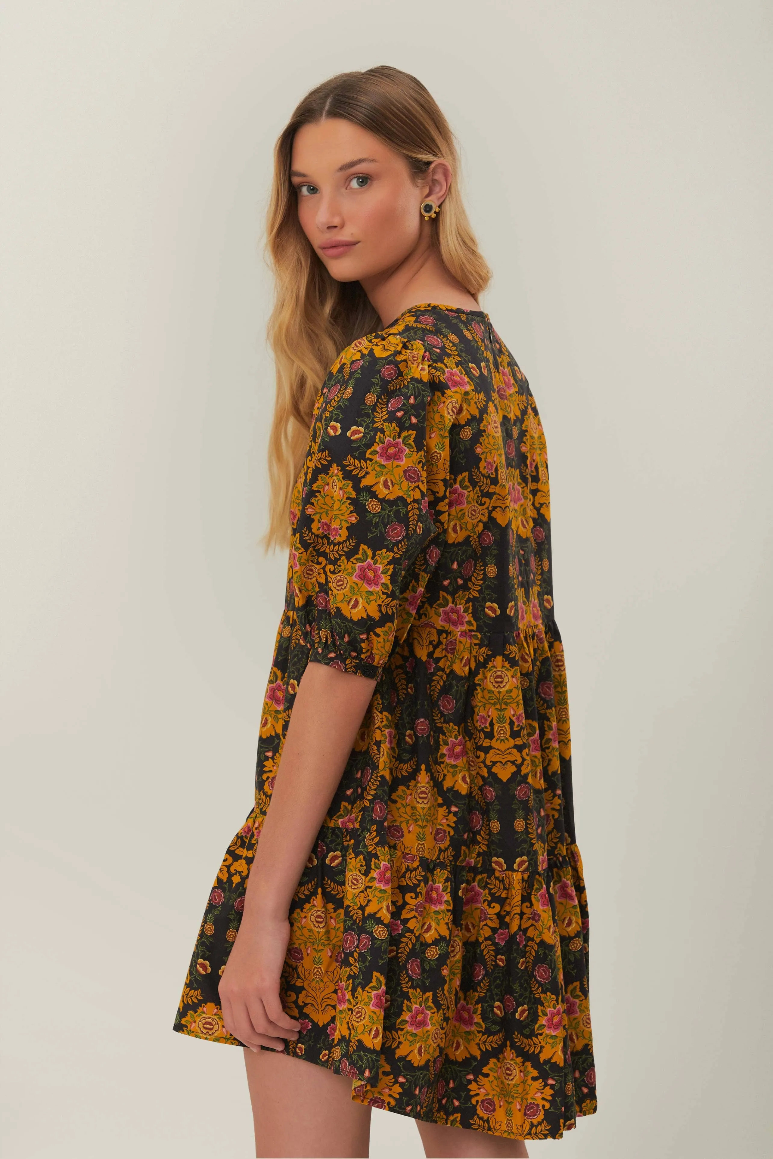 Flair Mode Black Arabesque Floral Puff Sleeve Mini Dress
