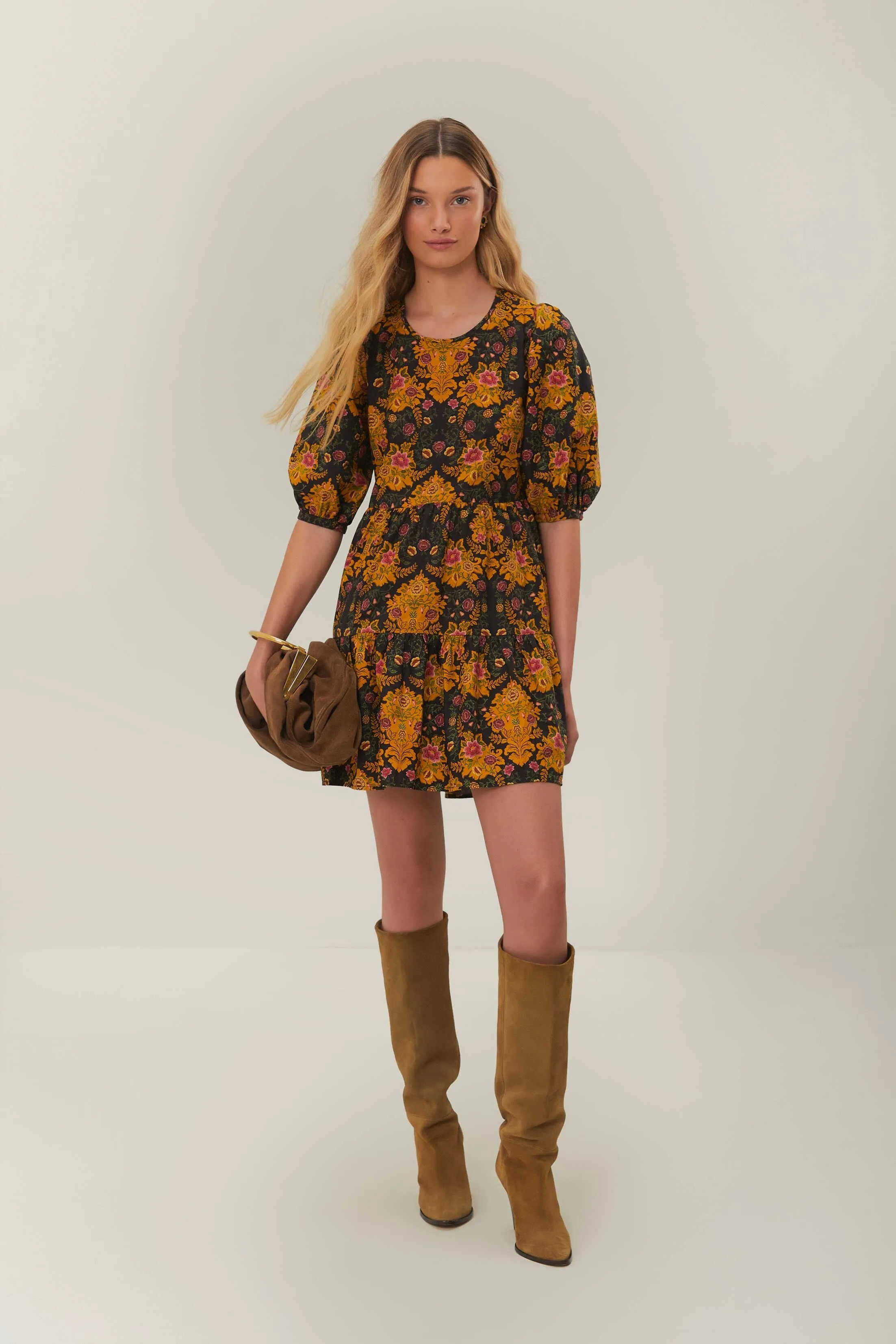 Black Arabesque Floral Puff Sleeve Mini Dress Flash Beat