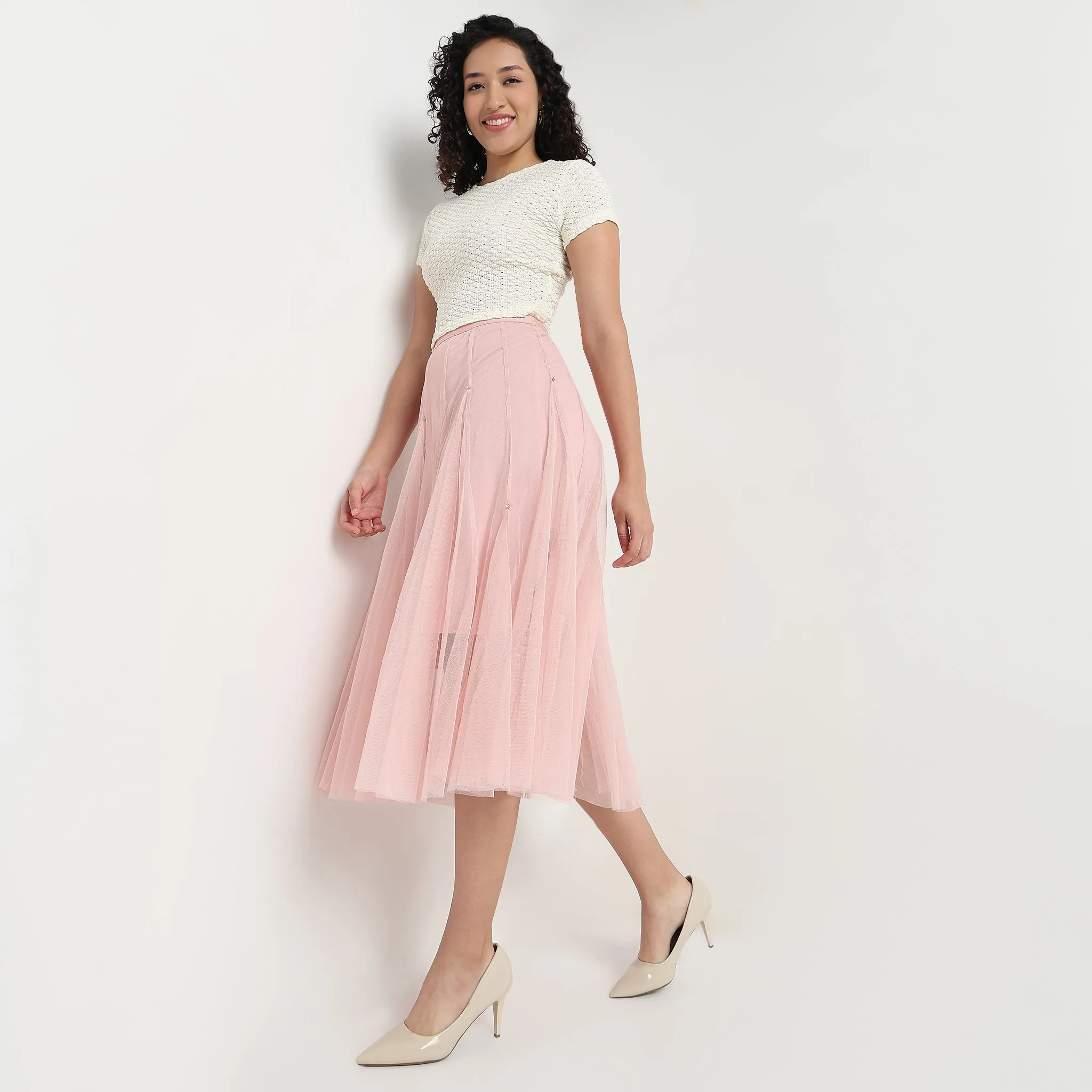 Tulle Panelled Flare Fit Skirt With Stud Work Polish Glow