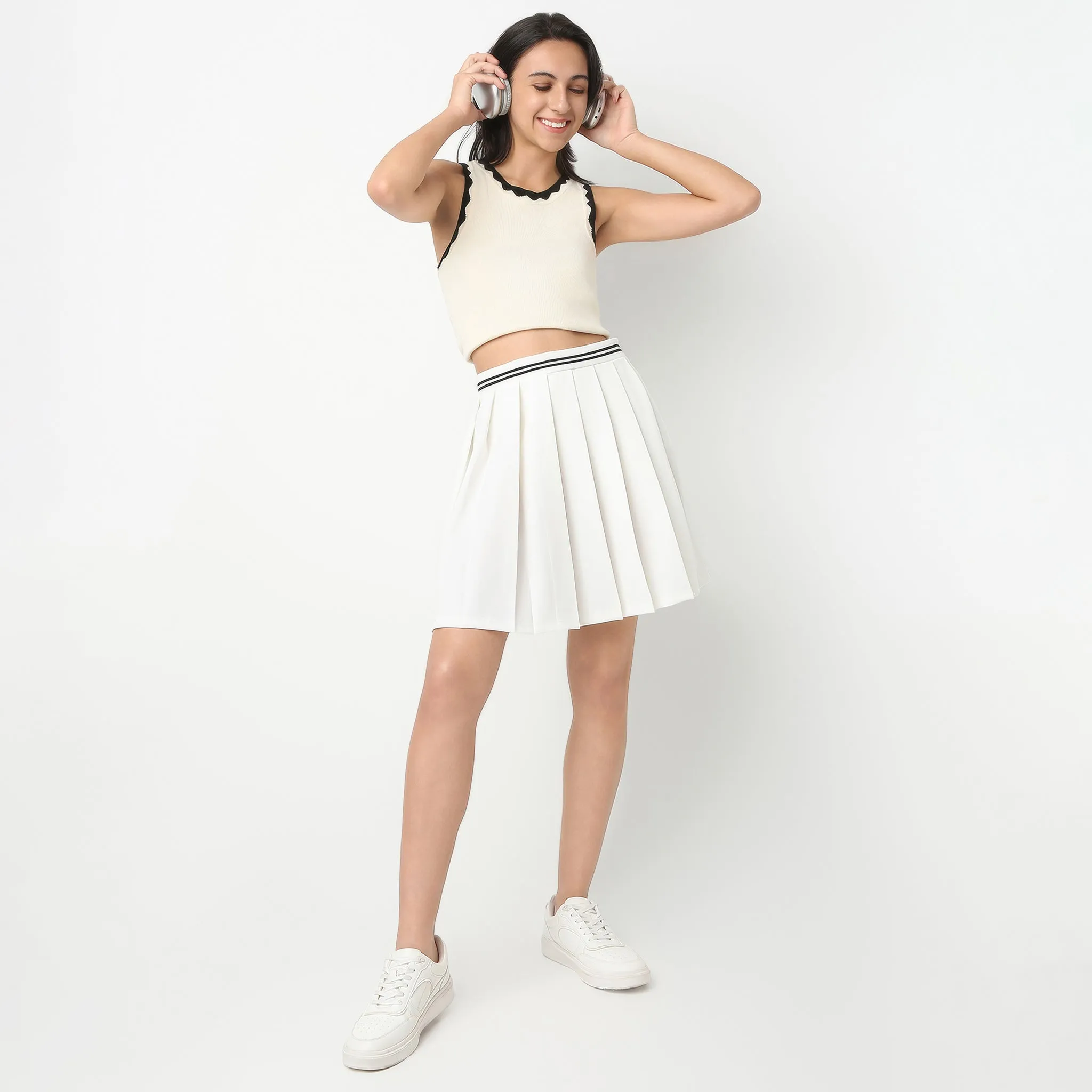 Above Knee High Rise Flared Pleated Skirt StainReleaseCoating Spanish Glow