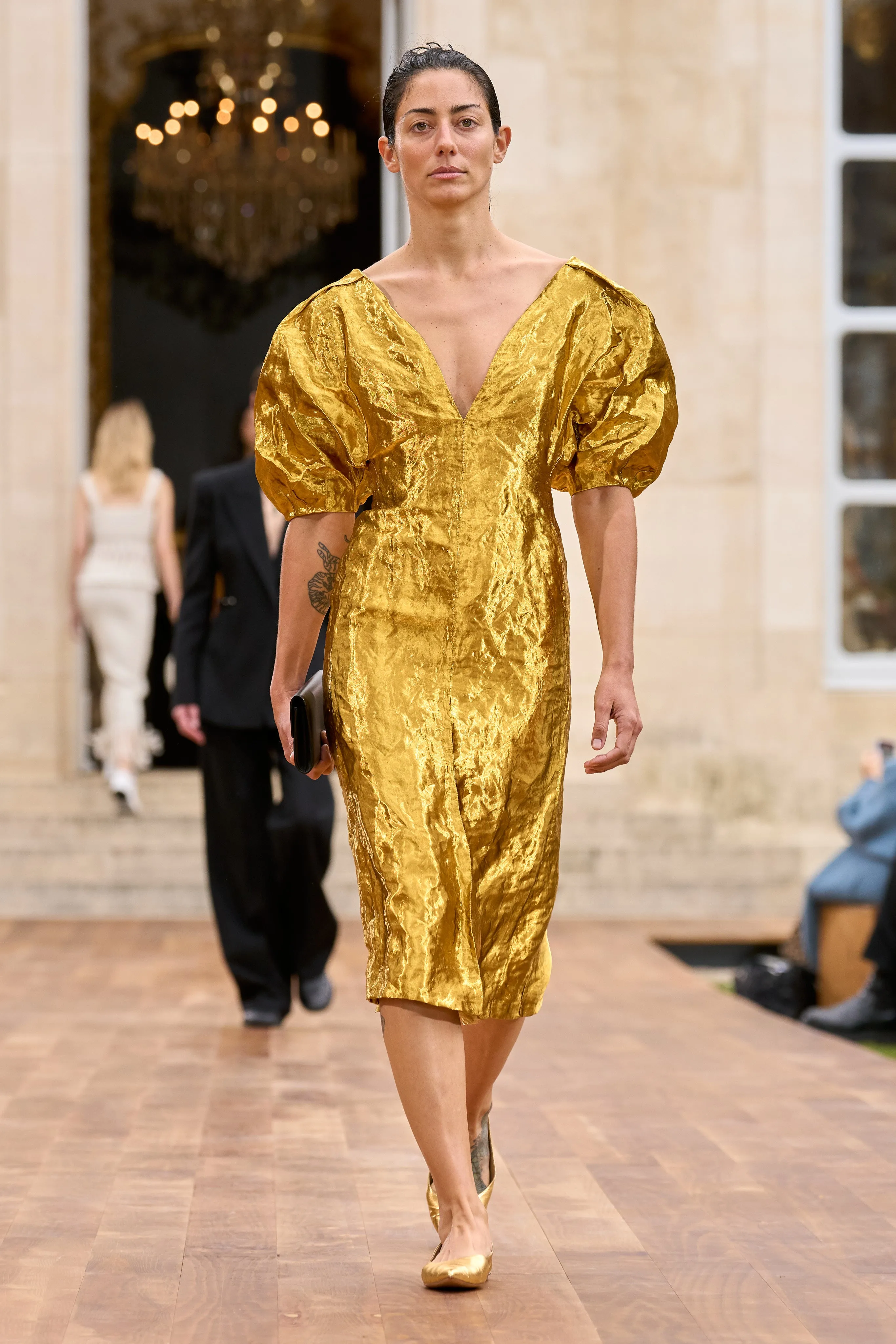 Semi Formal Focus Mood Fides Midi Dress in Gold Metallic Silk
