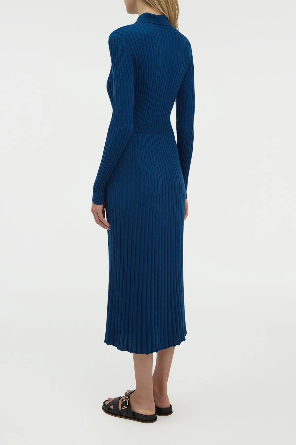 Ardor Knit Maxi Dress in Washed Denim Cashmere Silk FlexibleCollar Organza Fit