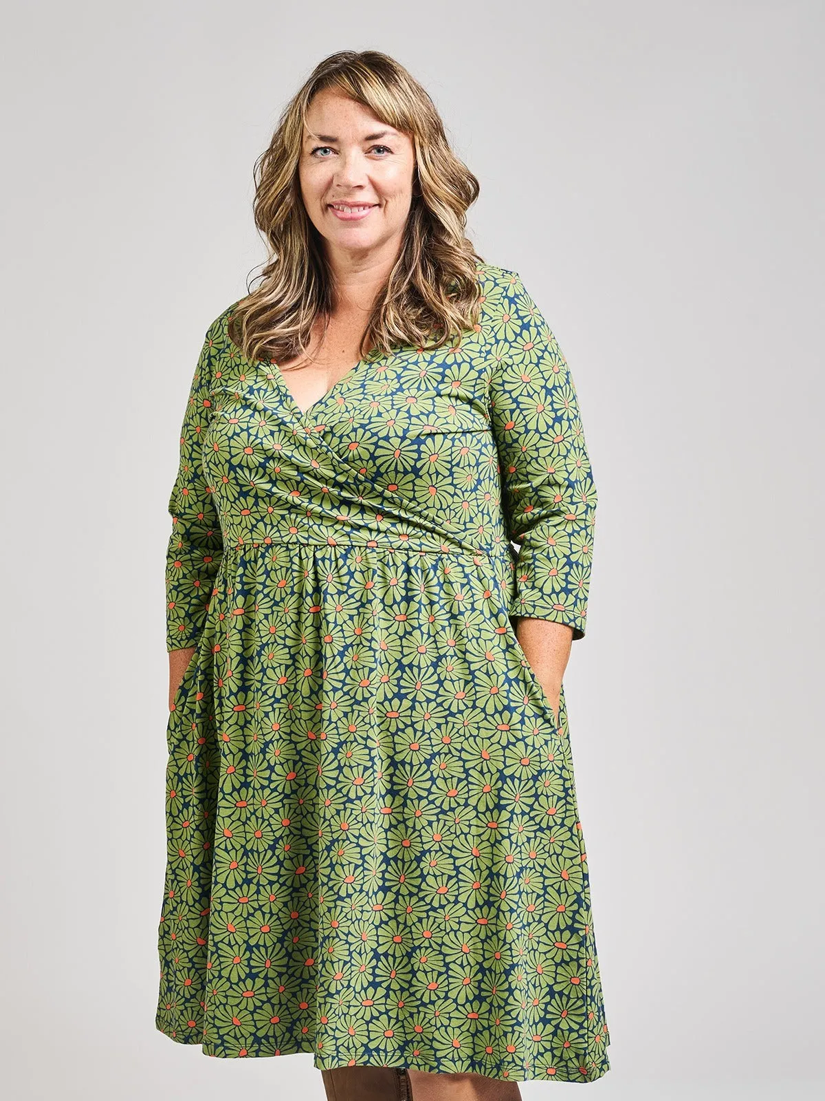 Breathable Stretch Fabric Callie 3/4 Sleeve Plus Size Wrap Dress - Olive Floral