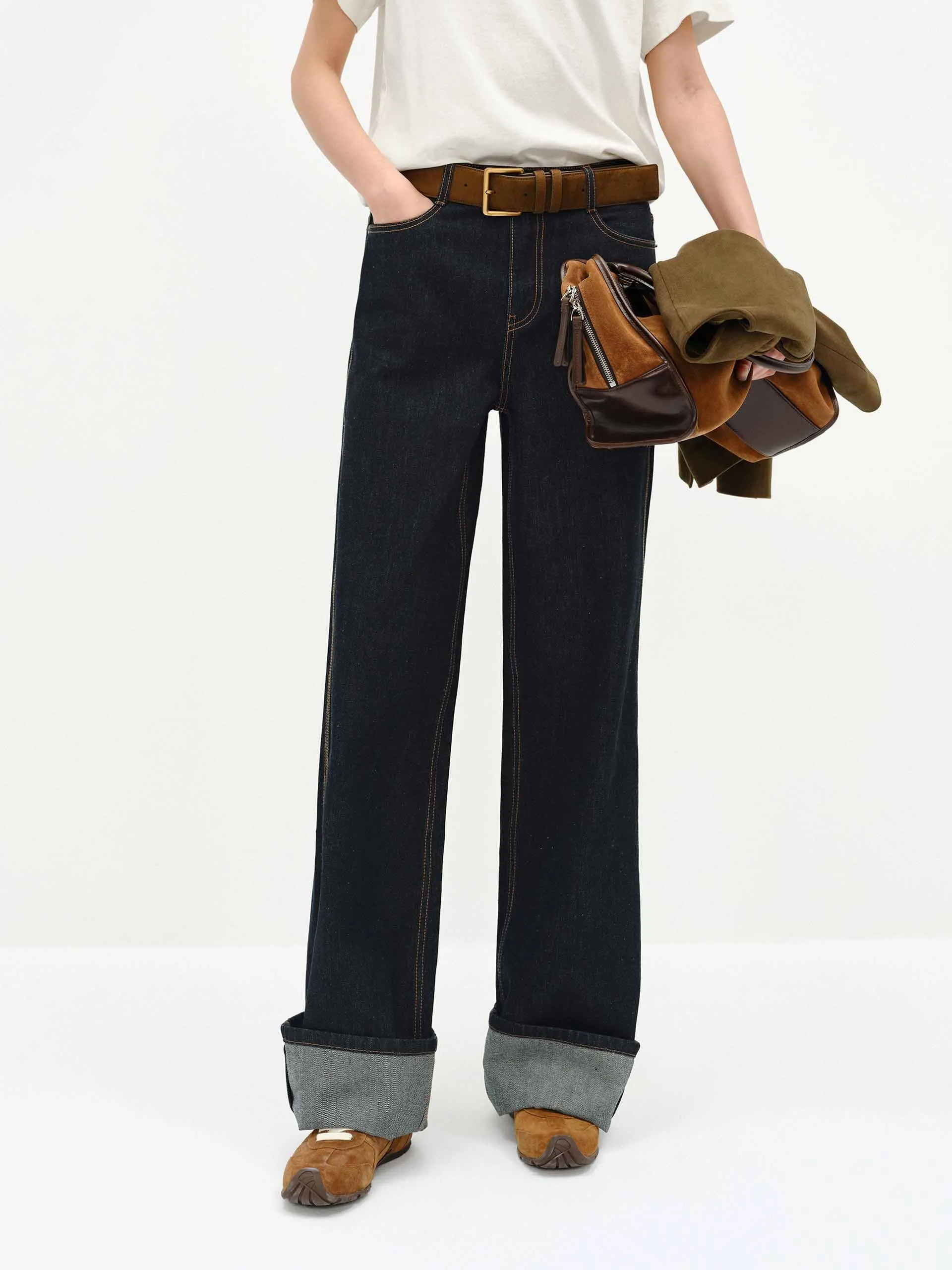 Selvedge Denim Adjustable Waistband Contrast Seam Straight Jeans