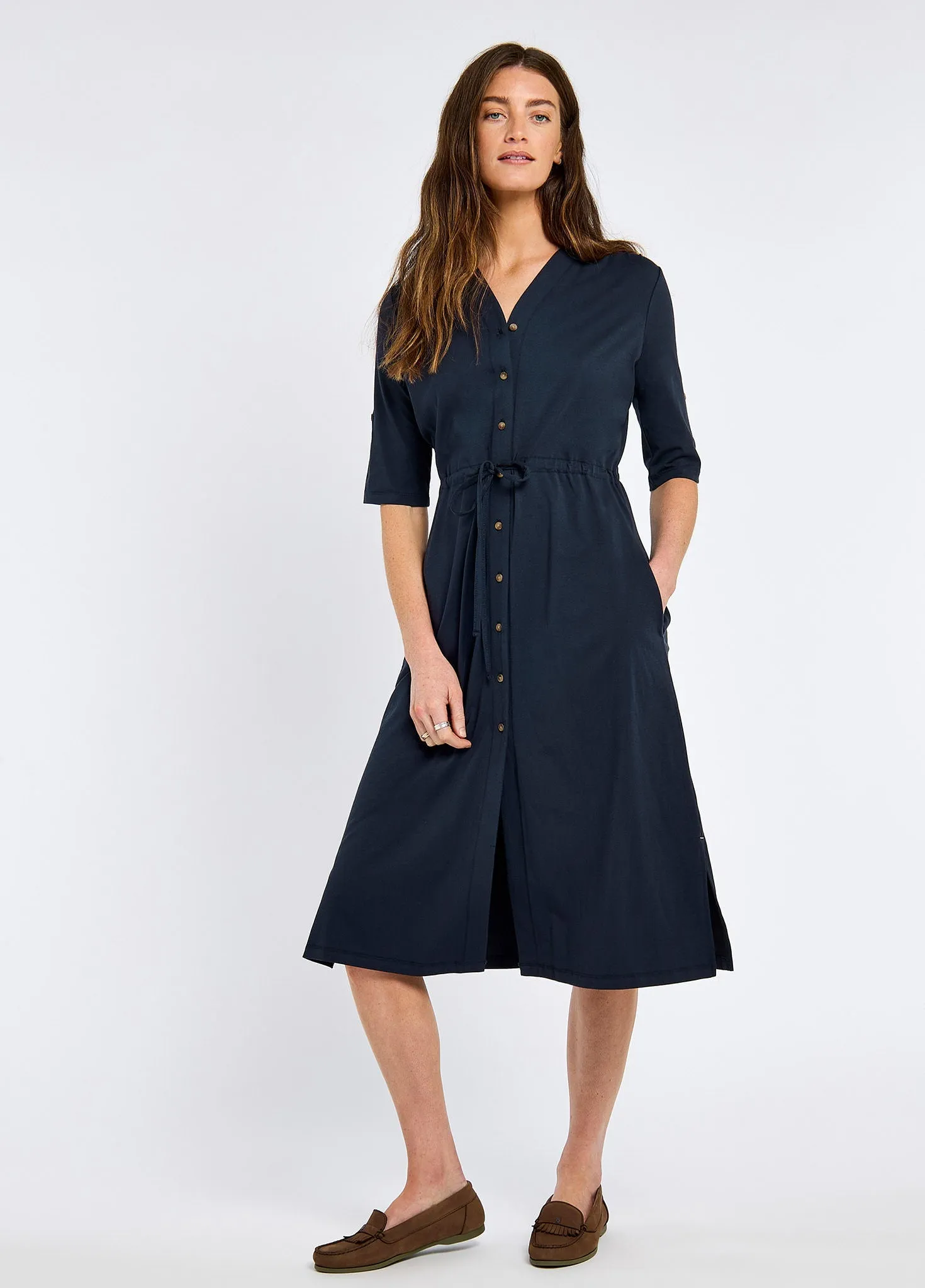 Adjustable drawstring ButterSoftKnit Hanlon Women??s midi length shirt dress - Navy