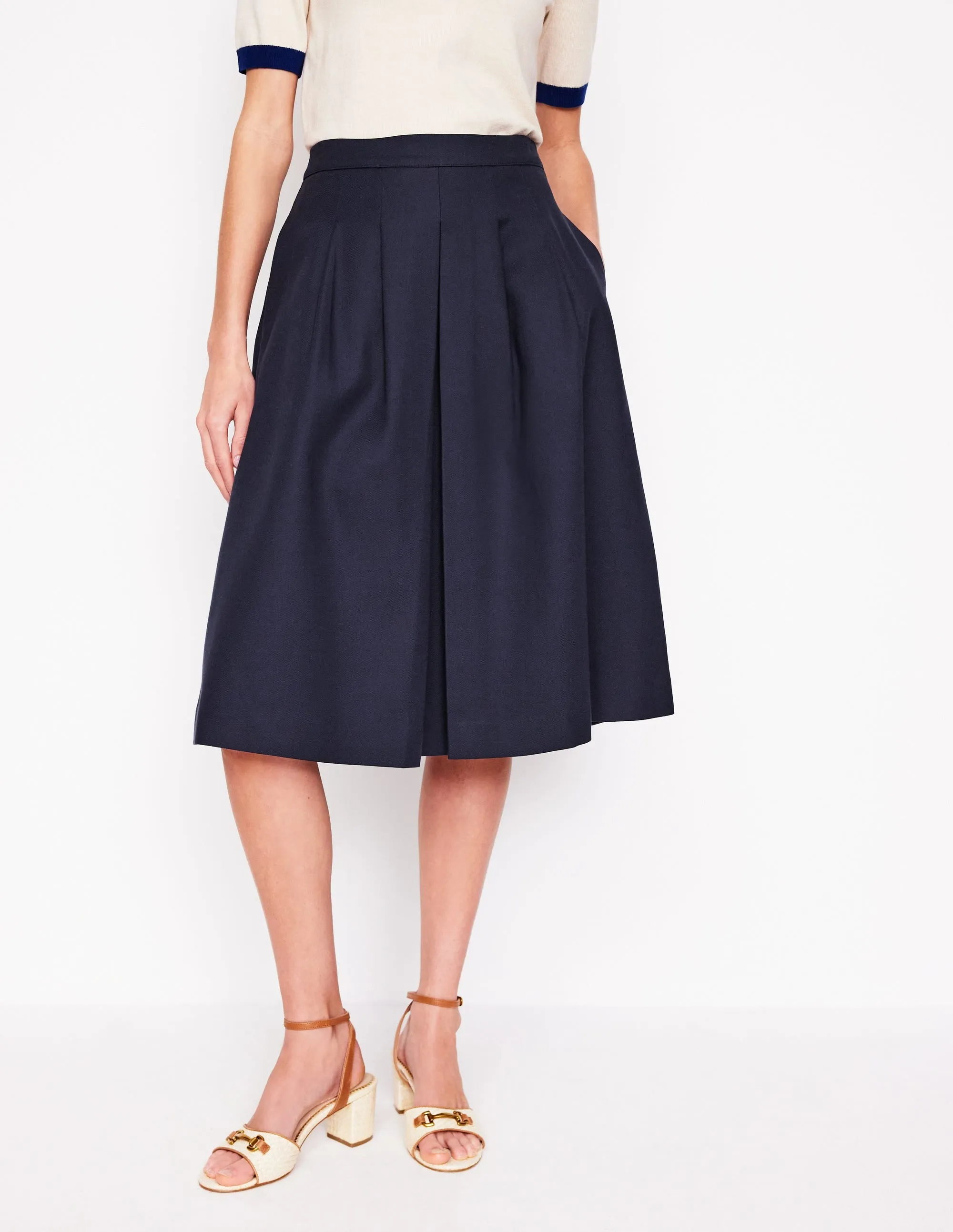 Pleat Detail Midi Skirt-Navy Young adult Leg Elongating
