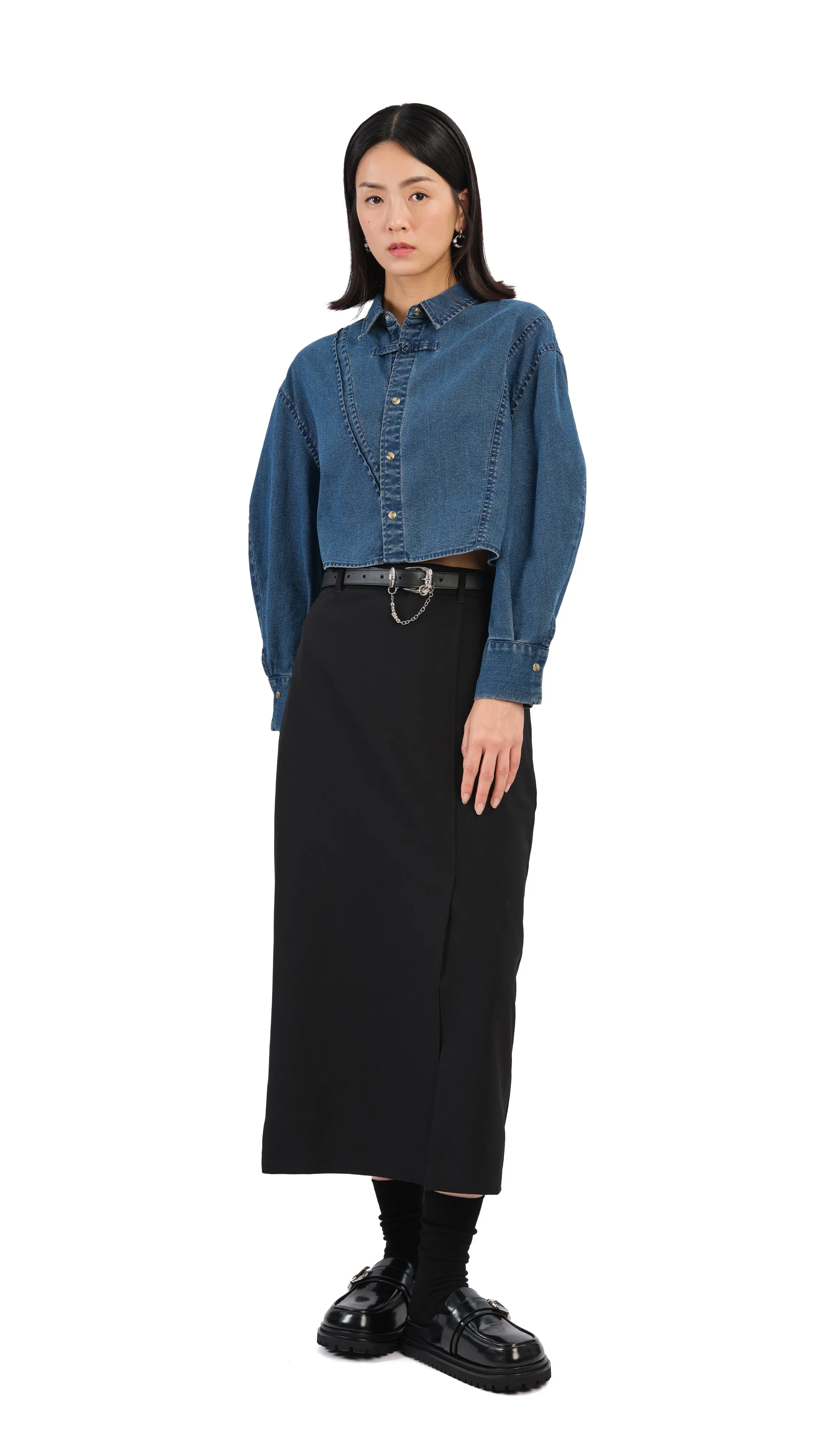 Fresh Style Contrast Panel Pencil Skirt With Slit