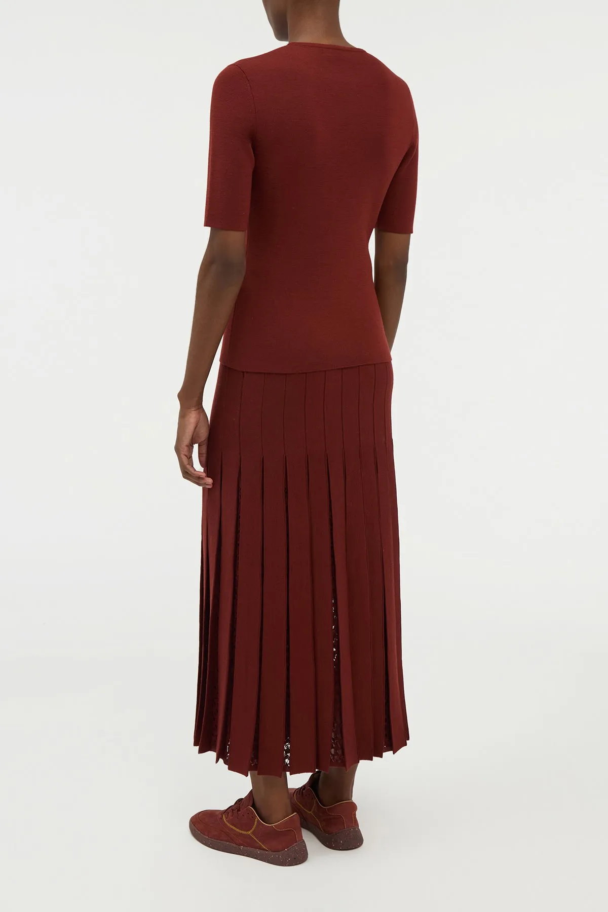 Debutante Knit Pleated Maxi Skirt in Burnt Sienna Merino Wool Relaxed Vibes