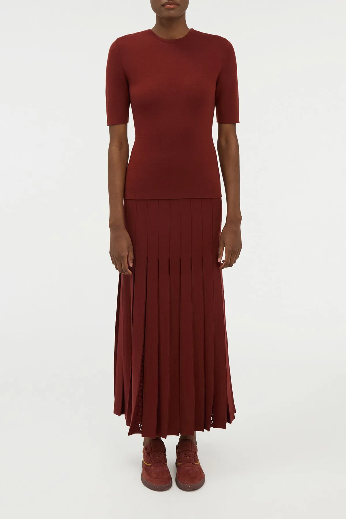 Vibrant Flow Debutante Knit Pleated Maxi Skirt in Burnt Sienna Merino Wool