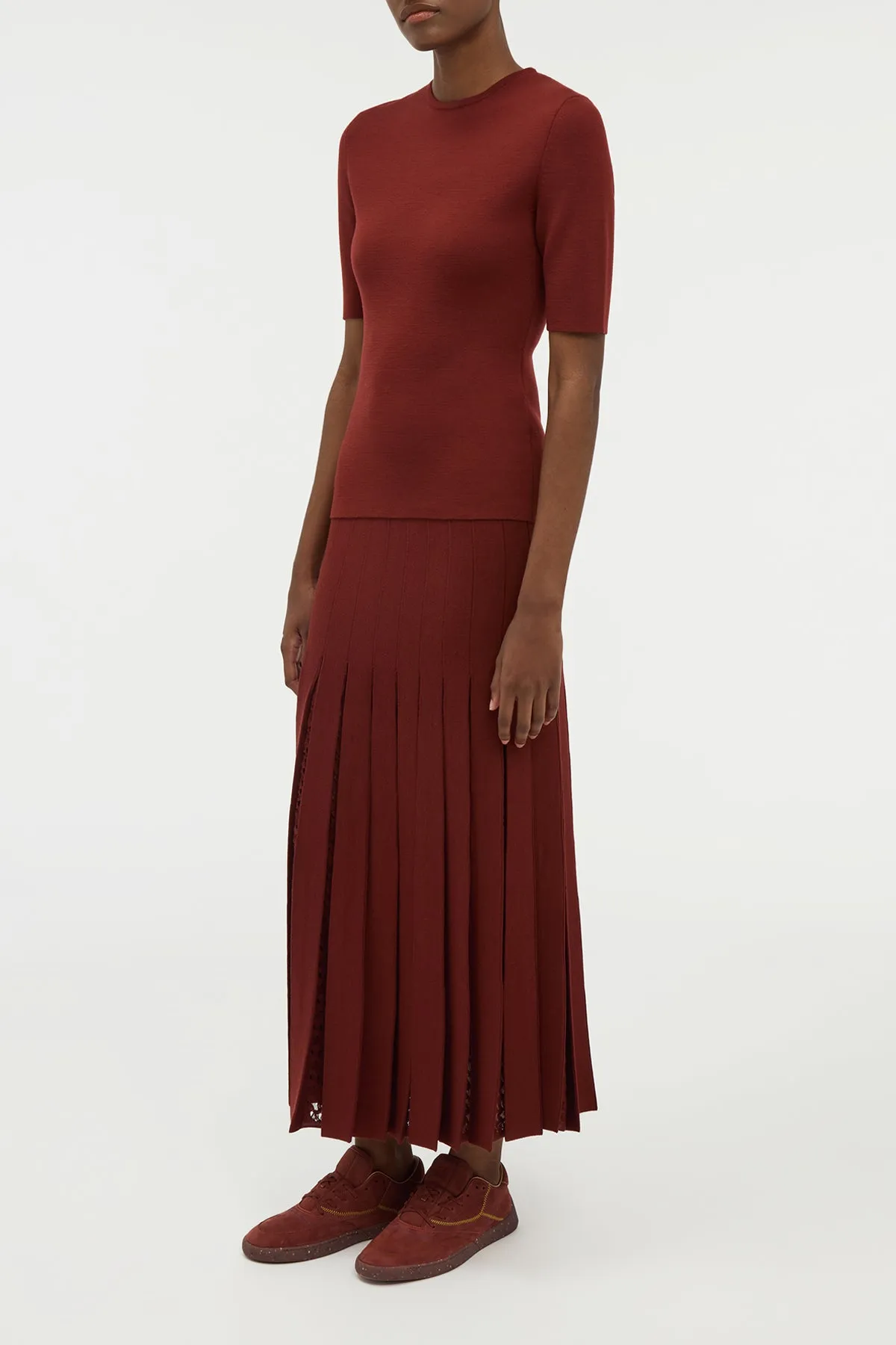 Fairy Core Debutante Knit Pleated Maxi Skirt in Burnt Sienna Merino Wool