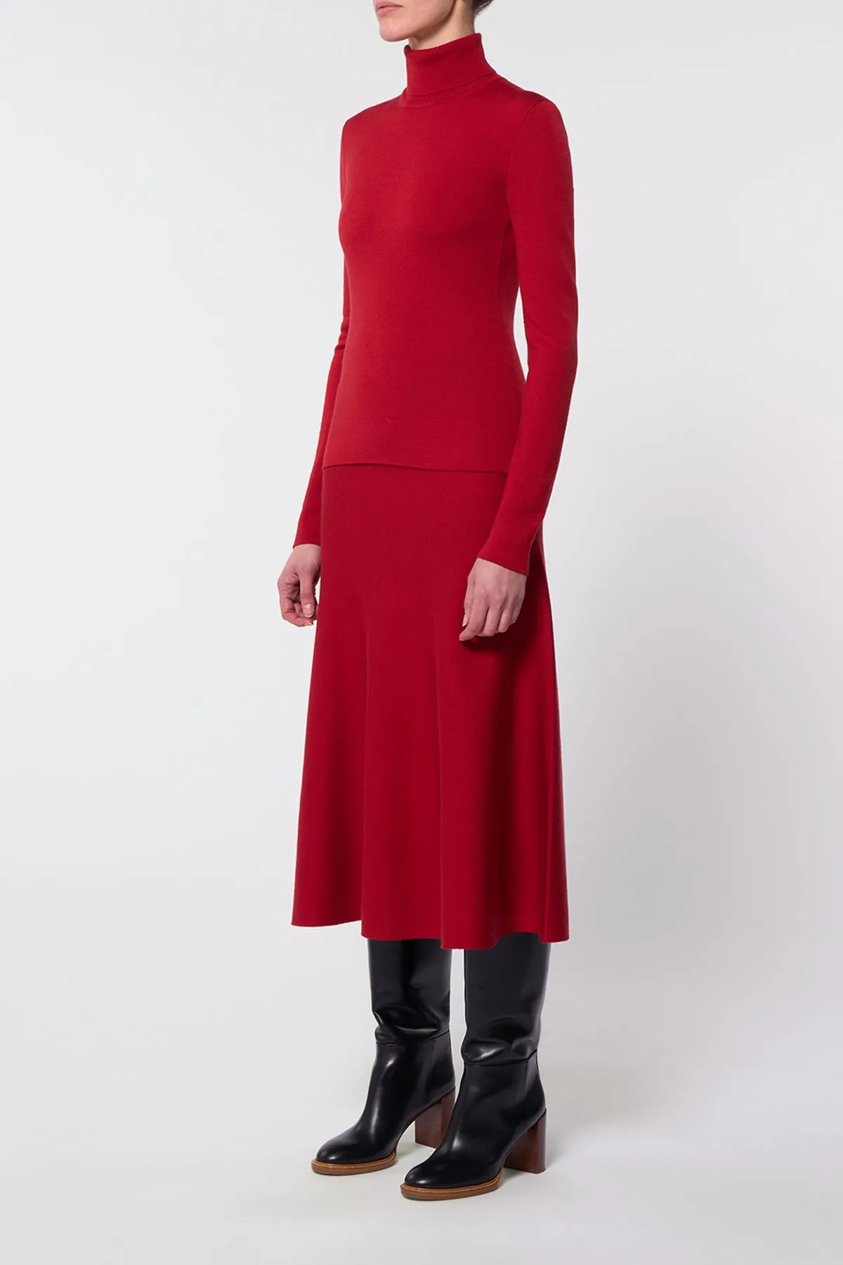 Runway Ready Freddie Knit Midi Skirt in Scarlet Red Merino Wool Cashmere