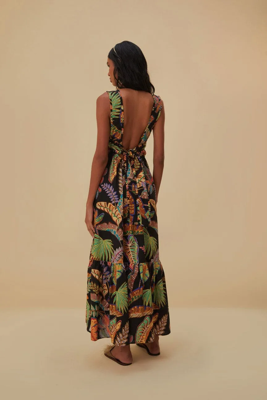 Sheer Layer Cool Foliage Black Sleeveless Maxi Dress