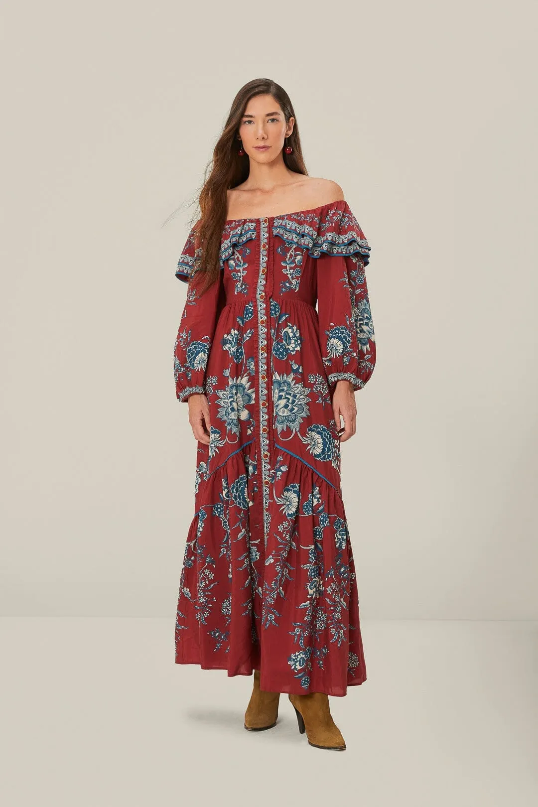 Red Tropical Landing Off Shoulder Maxi Dress Metal Shine Earth Brown