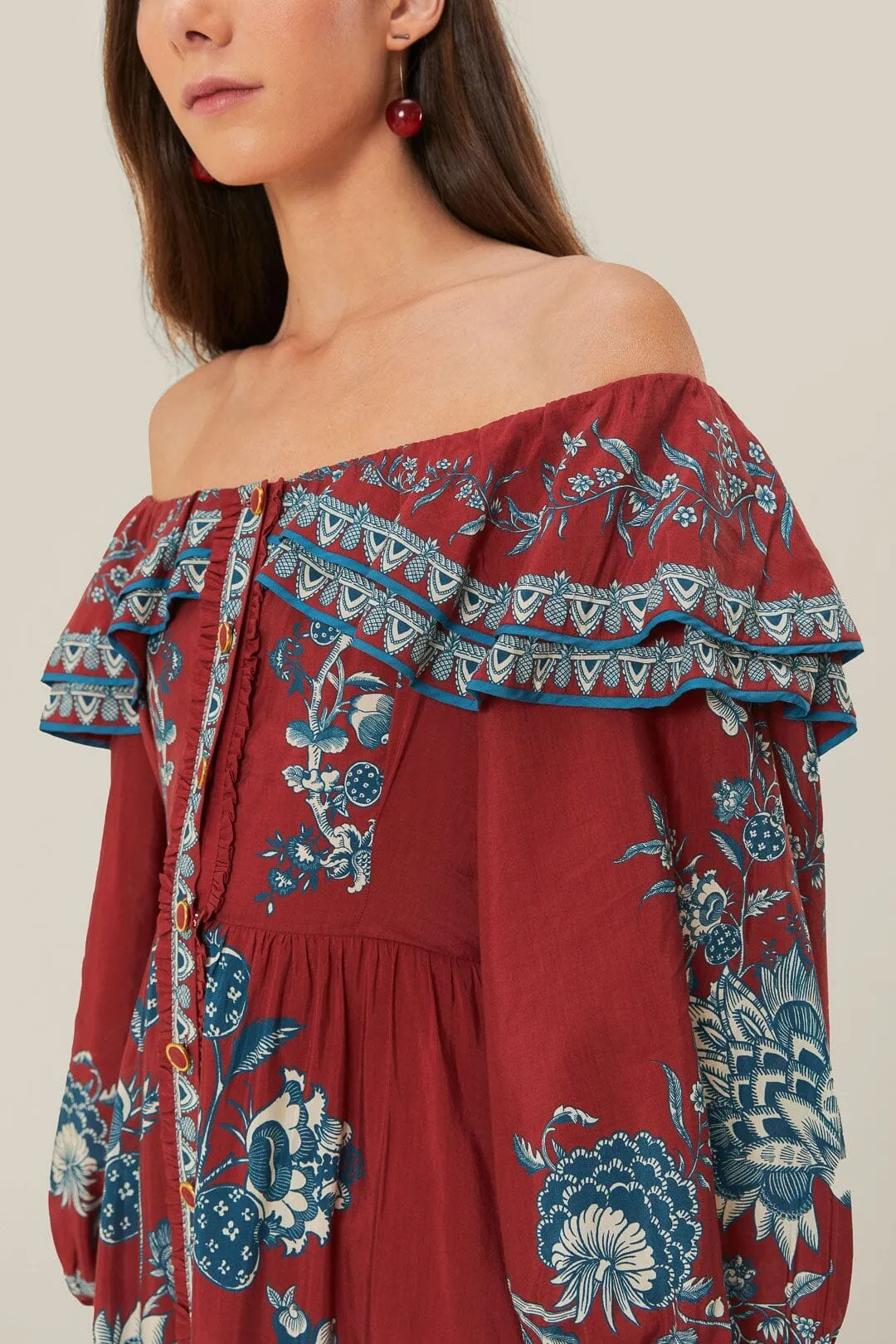Festival Glow With its flowing design and elegant fit this maxi dress is a wardrobe staple Red Tropical Landing Off Shoulder Maxi Dress
