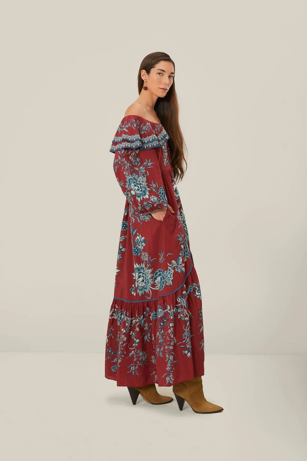 Petal Rain Red Tropical Landing Off Shoulder Maxi Dress