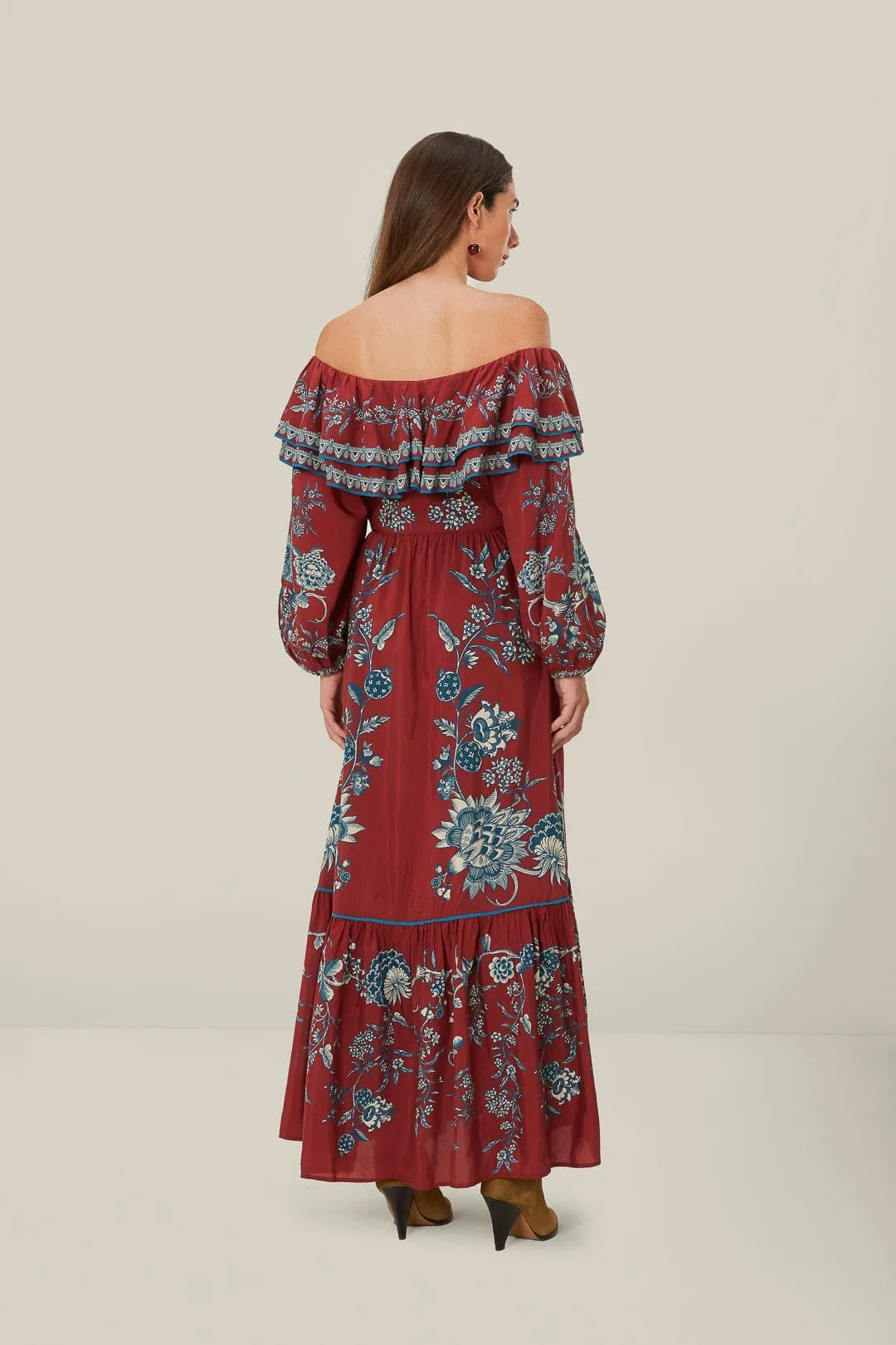 Red Tropical Landing Off Shoulder Maxi Dress Coastal Chic