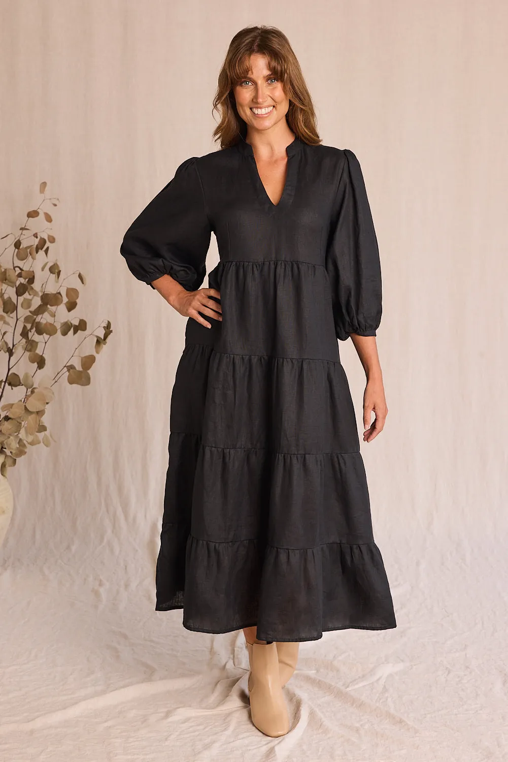 Sabre Linen V-Neck Dress in Black Soft Pink Side Slit