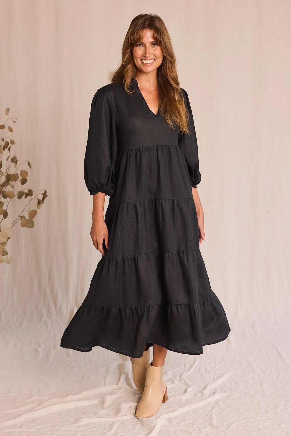 Fold Art Golden Hour Sabre Linen V-Neck Dress in Black