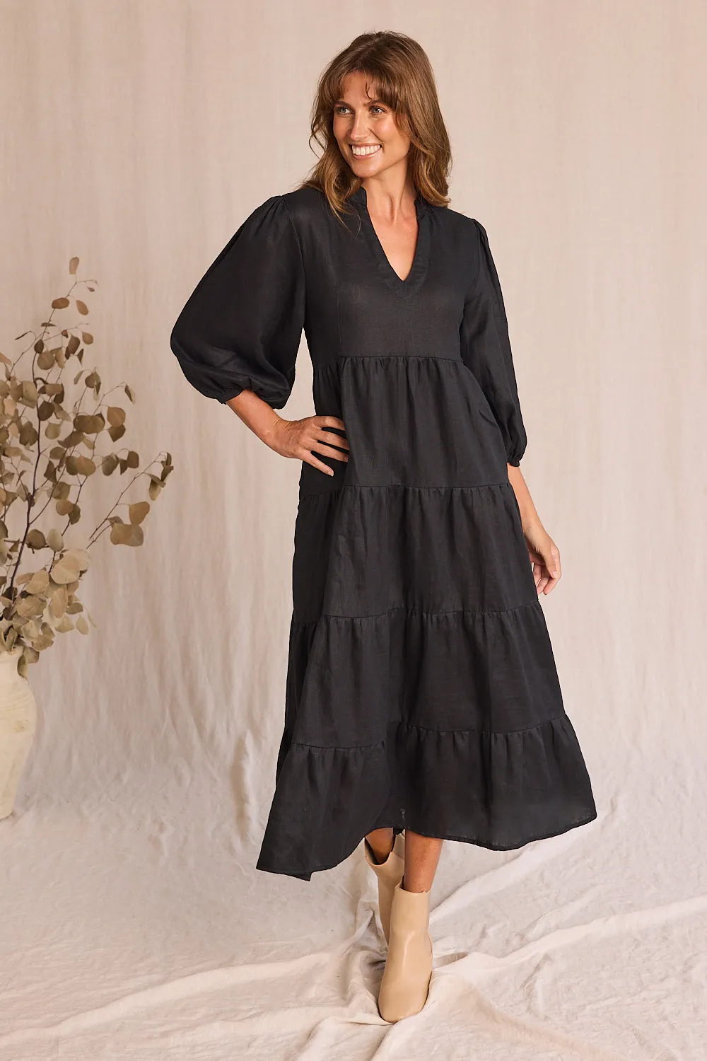 Sabre Linen V-Neck Dress in Black Brick Glow Elegant maxi dress for wedding