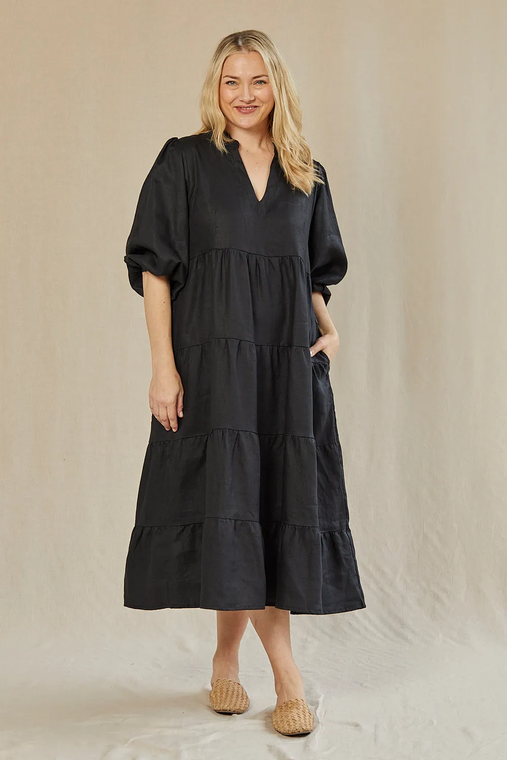 Petal Path Fold Glow Sabre Linen V-Neck Dress in Black
