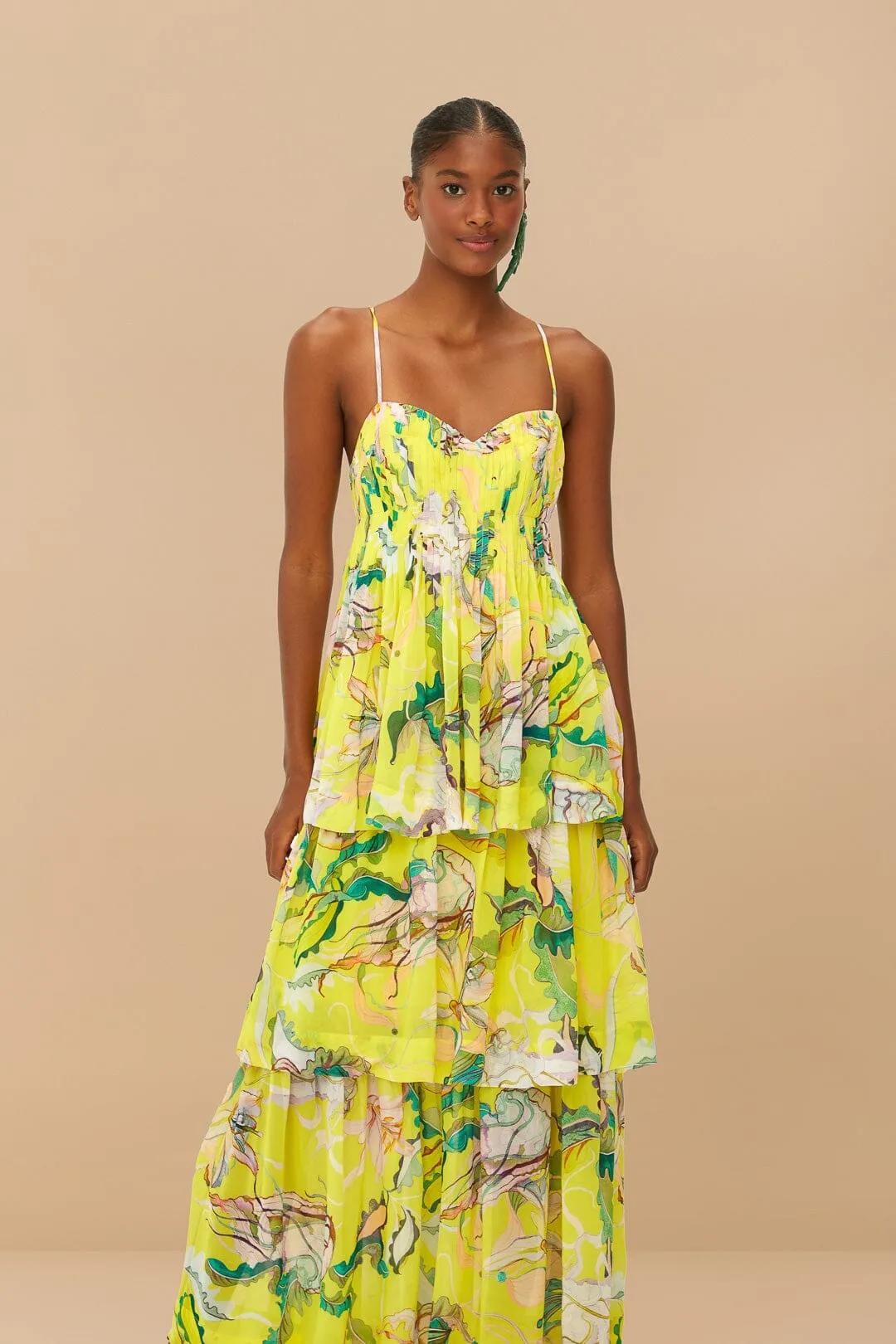 Yellow Jellyfish Bouquet Layered Maxi Dress This dress offers a flattering shape that can easily be accessorized for a variety of looks Pearl Glow