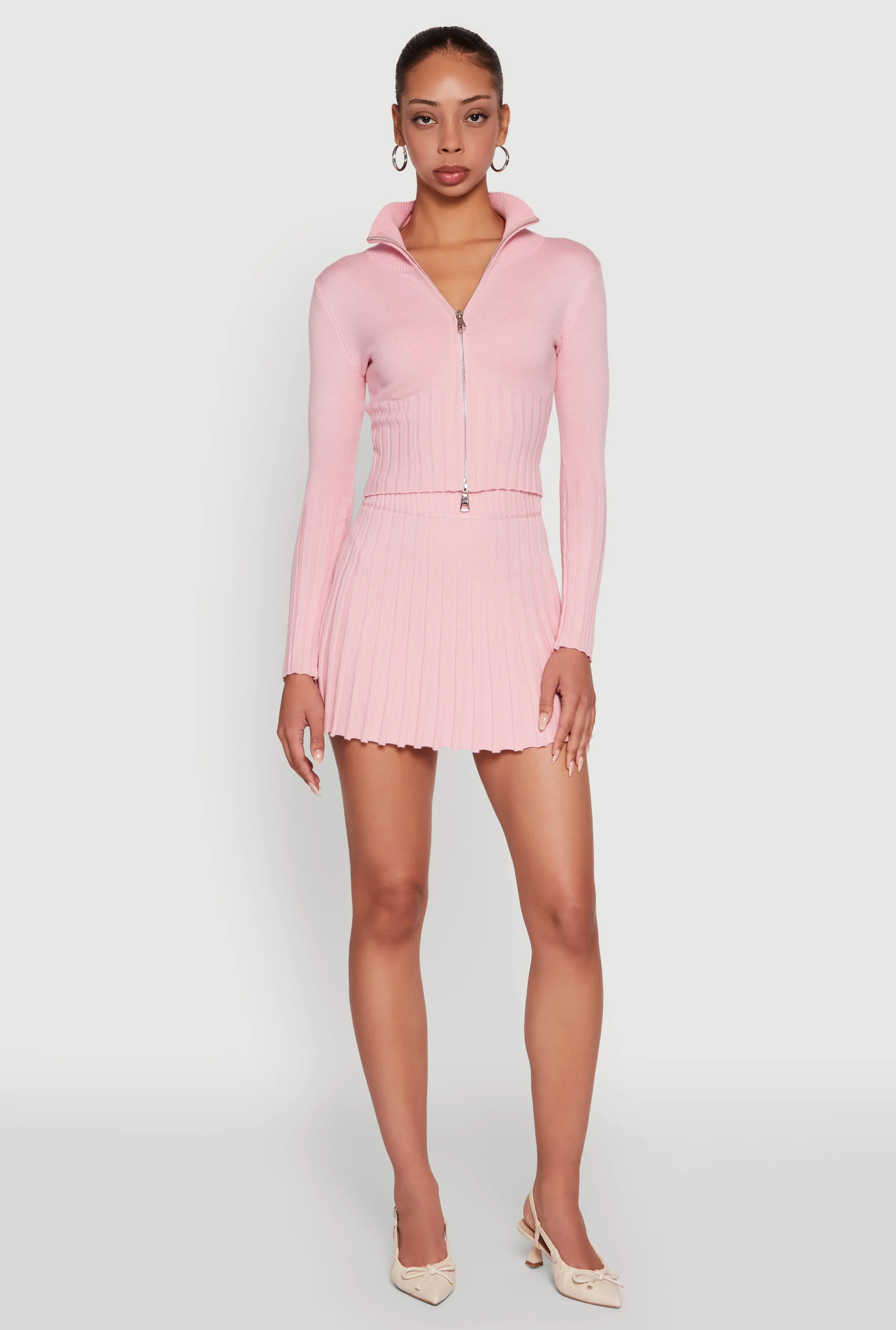 Simple Fashion Outdoor Outfit Ribbed Knit Mid Rise Pleated Mini Skirt