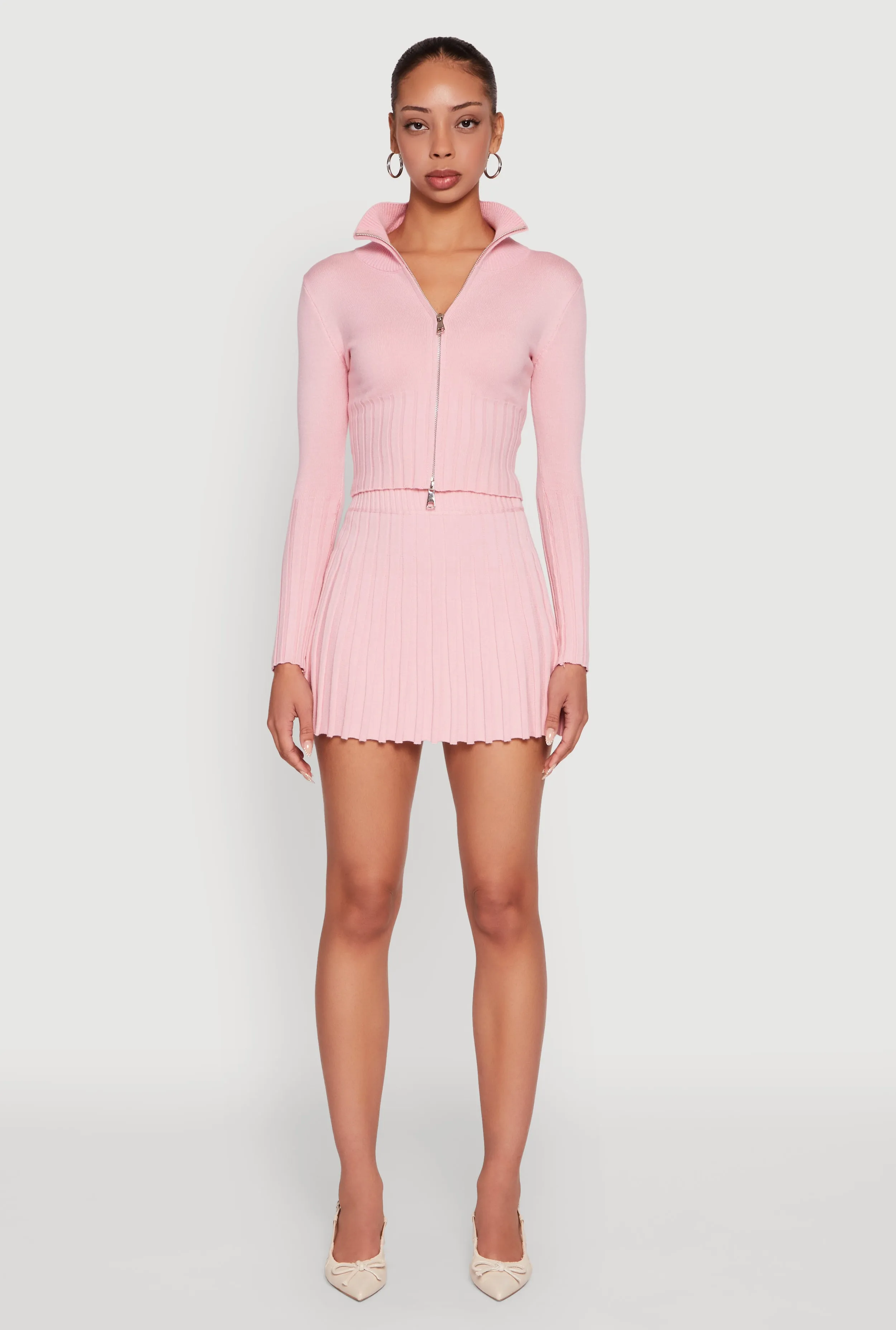 Ribbed Knit Mid Rise Pleated Mini Skirt Elasticized Hem