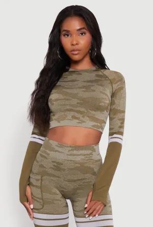 Camo Two Tone Long Sleeve Crop Top with Thumb Holes AntiPilling