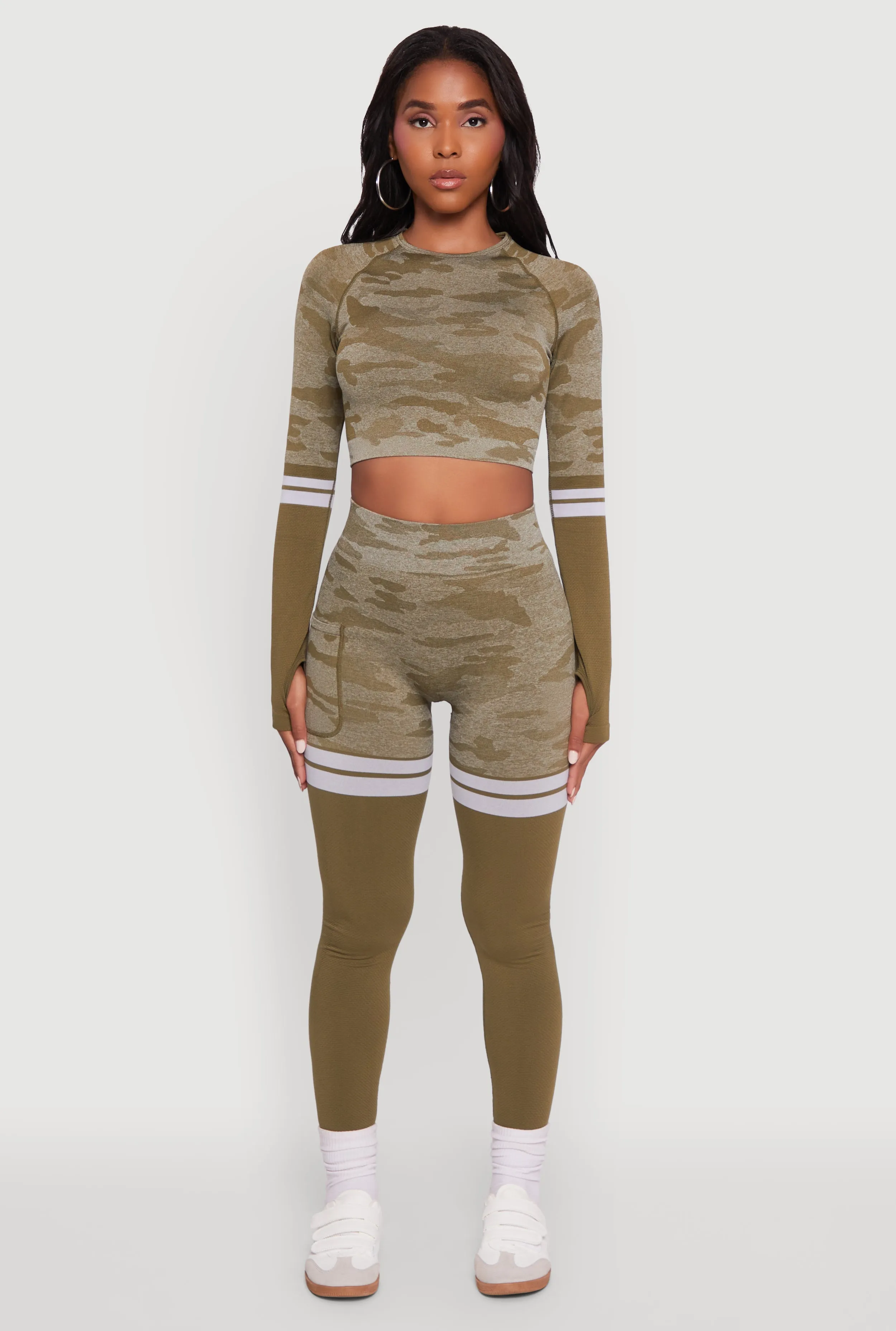 Camo Two Tone Long Sleeve Crop Top with Thumb Holes Ethically Sourced Cotton Informal charm