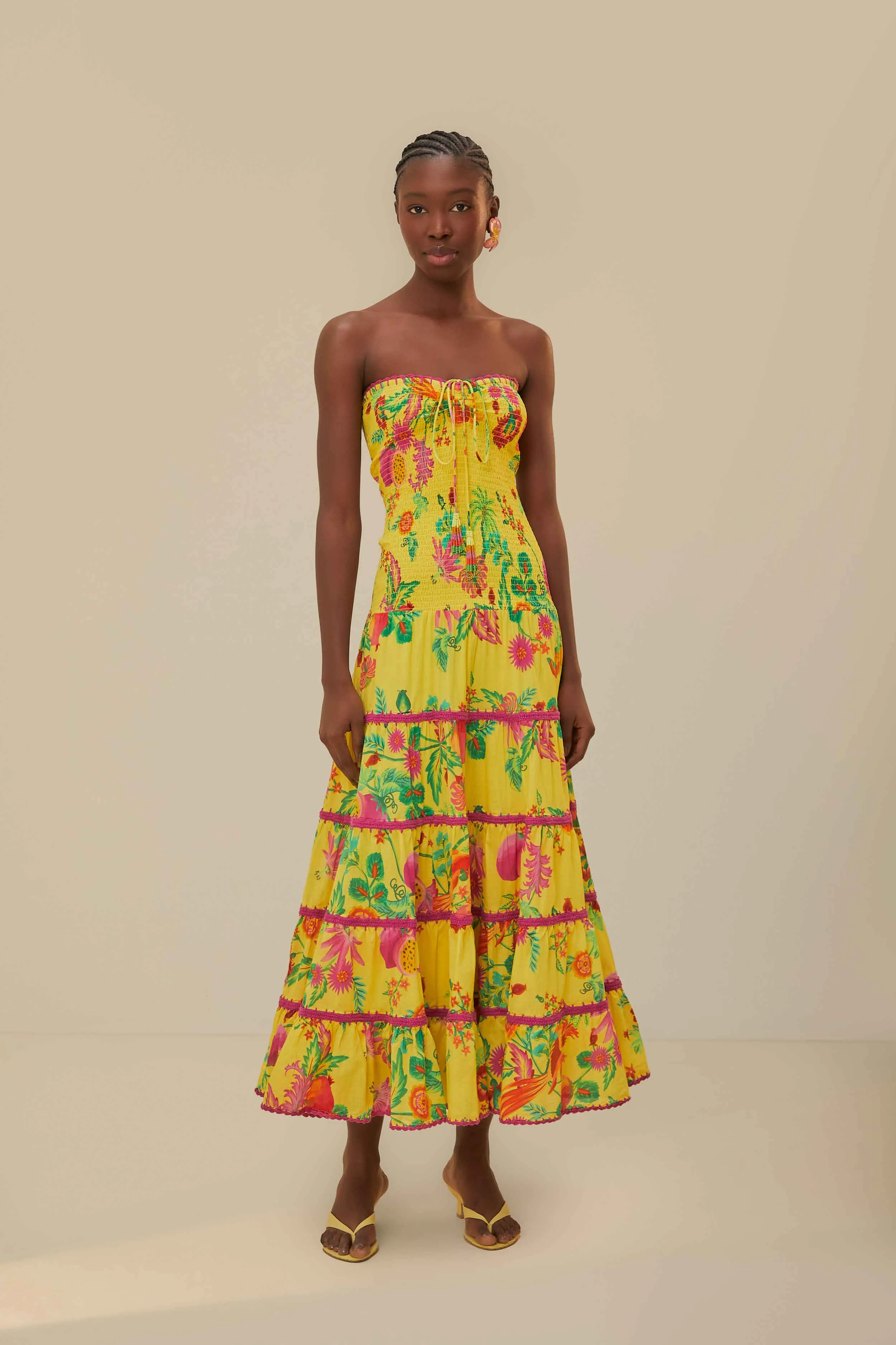 Grain Gold Straight Line Yellow Delicate Fruit Garden Smocked Maxi Dress