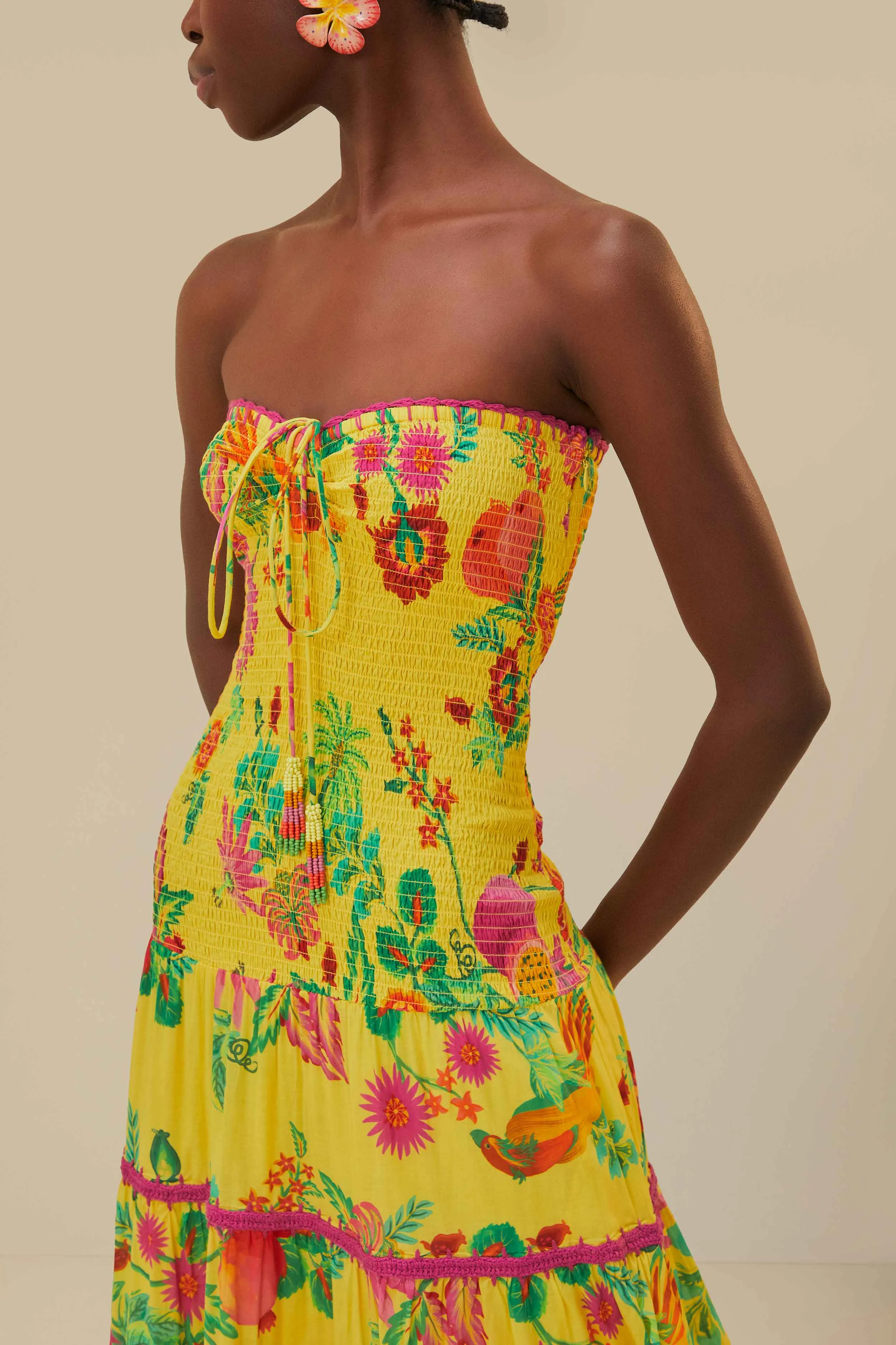 Yellow Delicate Fruit Garden Smocked Maxi Dress Noon Glow Sunbeam Flow