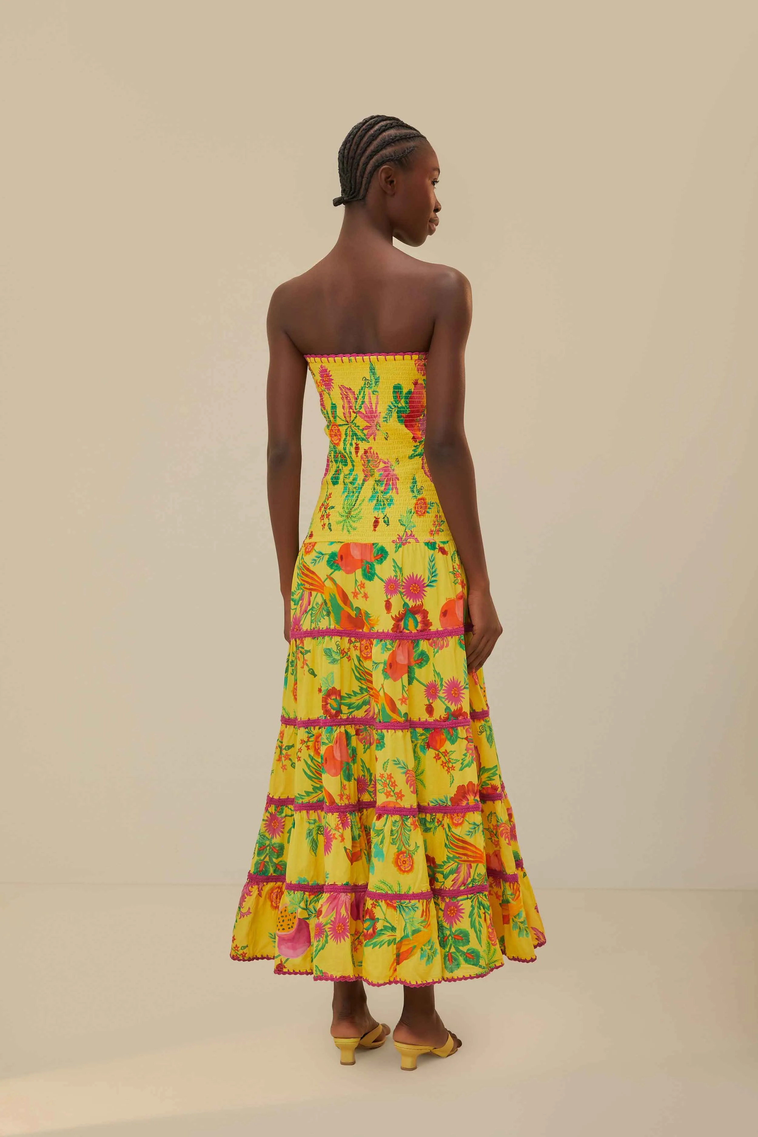 Village Path Confident Walk Yellow Delicate Fruit Garden Smocked Maxi Dress