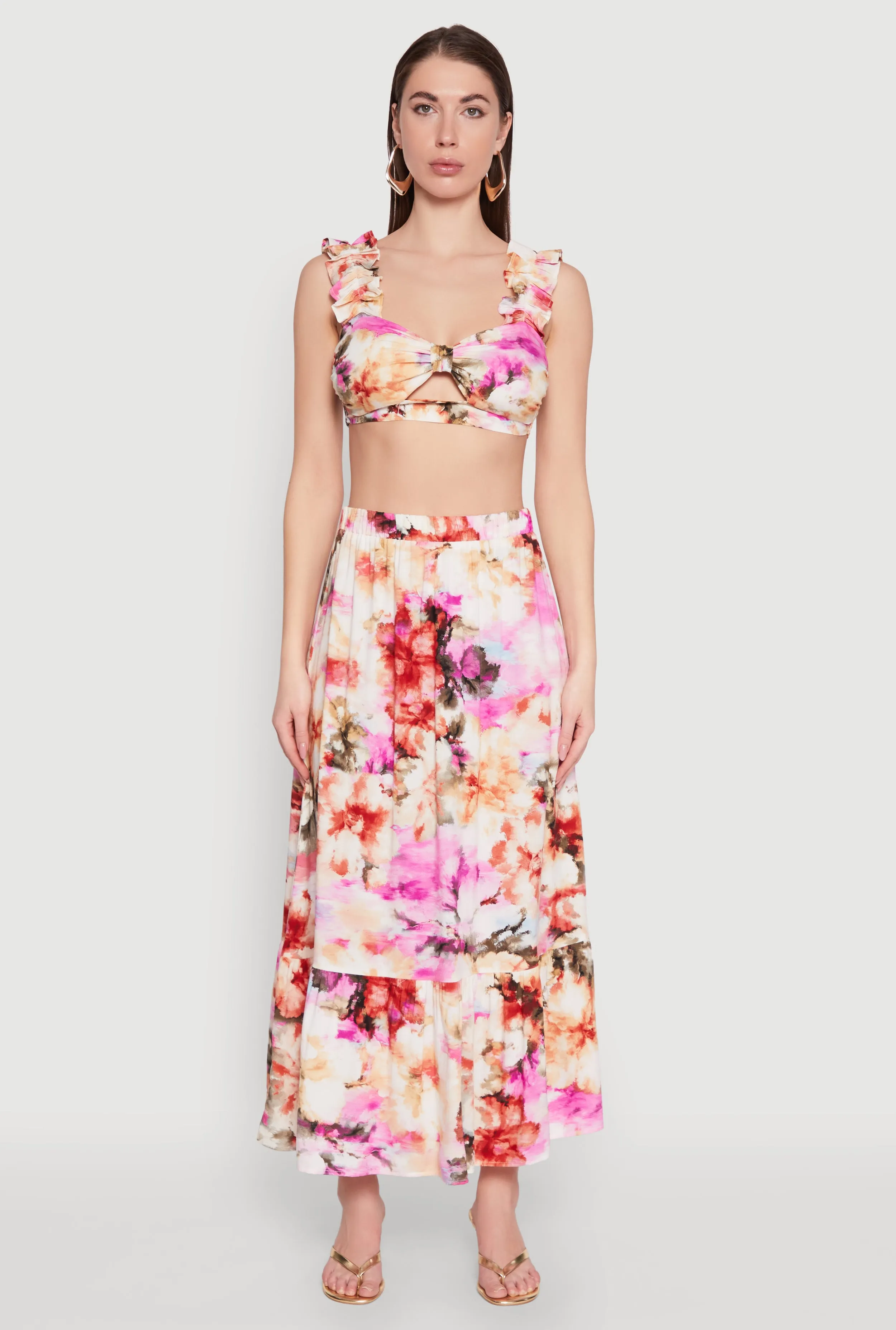 High Waisted Floral Print Tiered Skirt Mix Texture Light Outfit