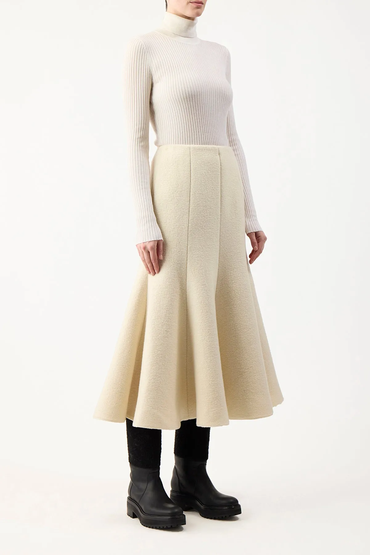 Smooth Motion Maternity Friendly Amy Midi Skirt in Ivory Double-Face Recycled Cashmere Felt