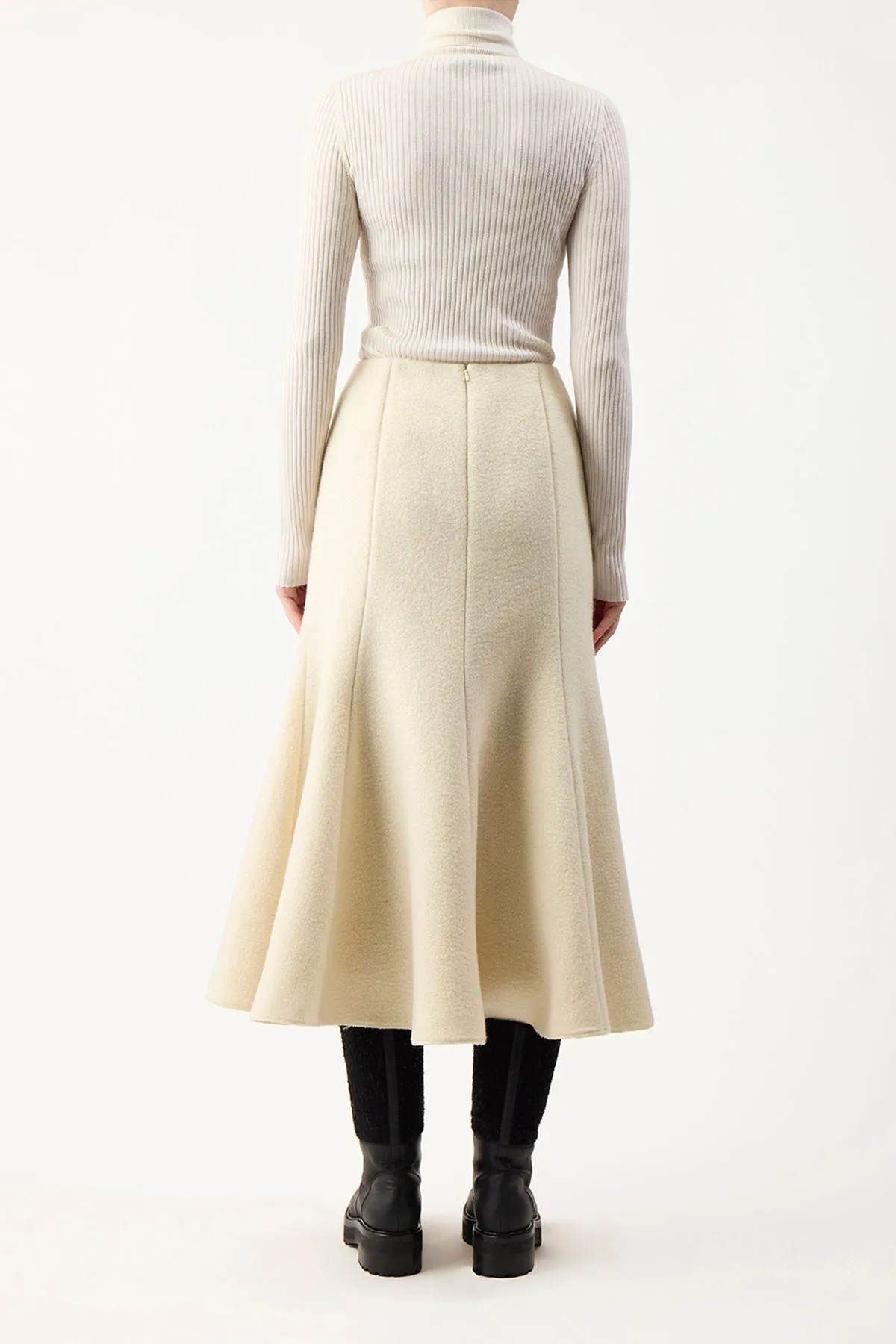 Bold Print elastic waistband Amy Midi Skirt in Ivory Double-Face Recycled Cashmere Felt