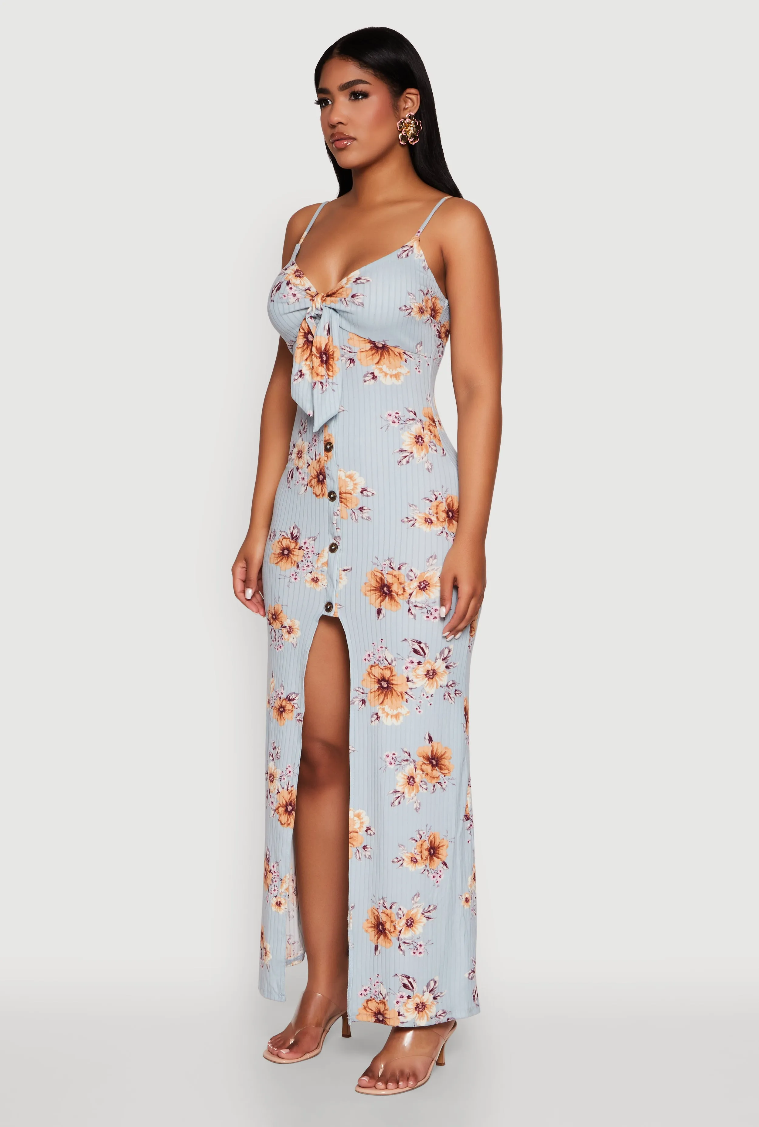 Fur Glow Beach Edge Floral Print Tie Front Cami Maxi Dress