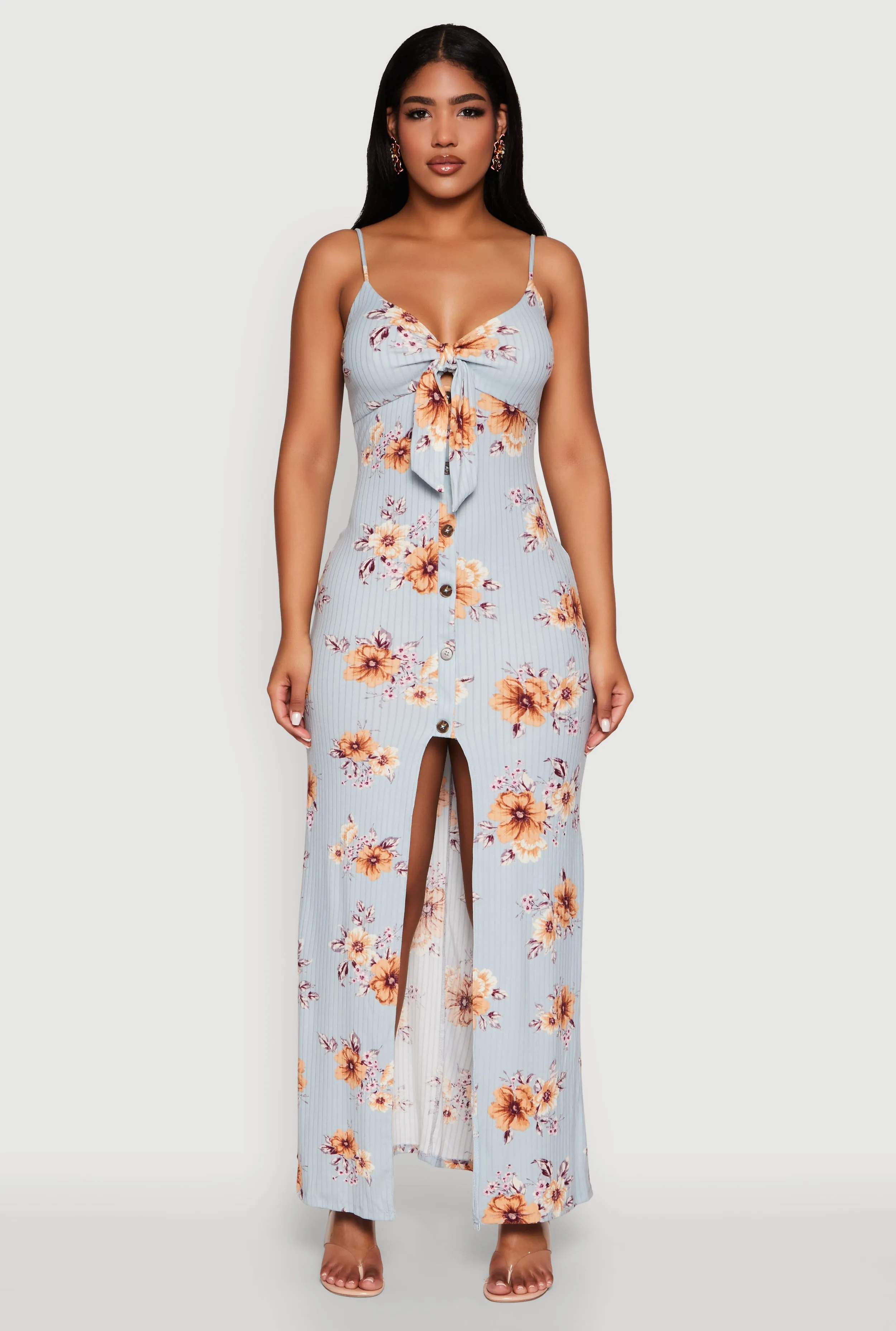 Floral Print Tie Front Cami Maxi Dress Perfect for layering or wearing on its own this dress adapts to any season