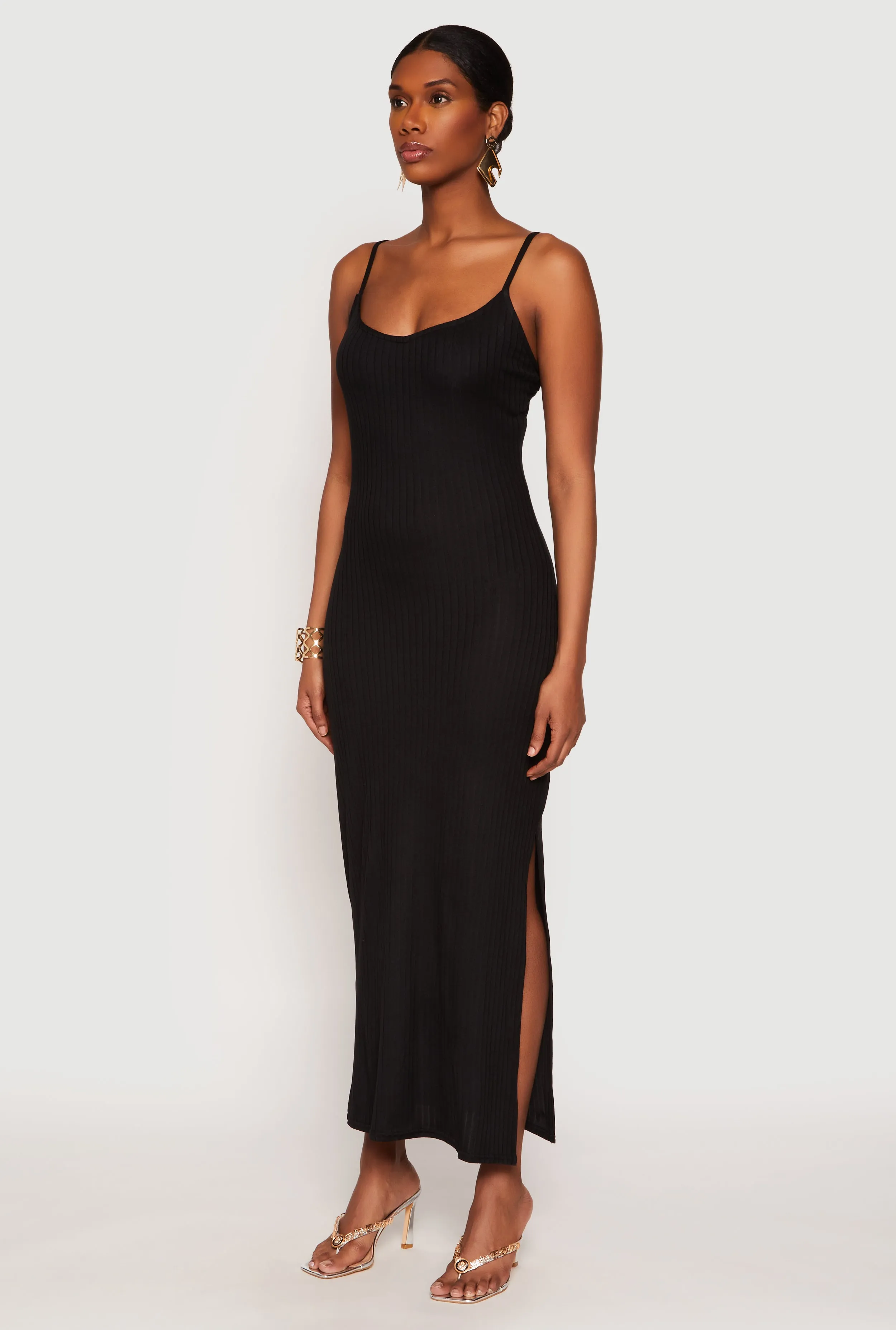 Cream Tone Ribbed Knit Side Slit Maxi Dress