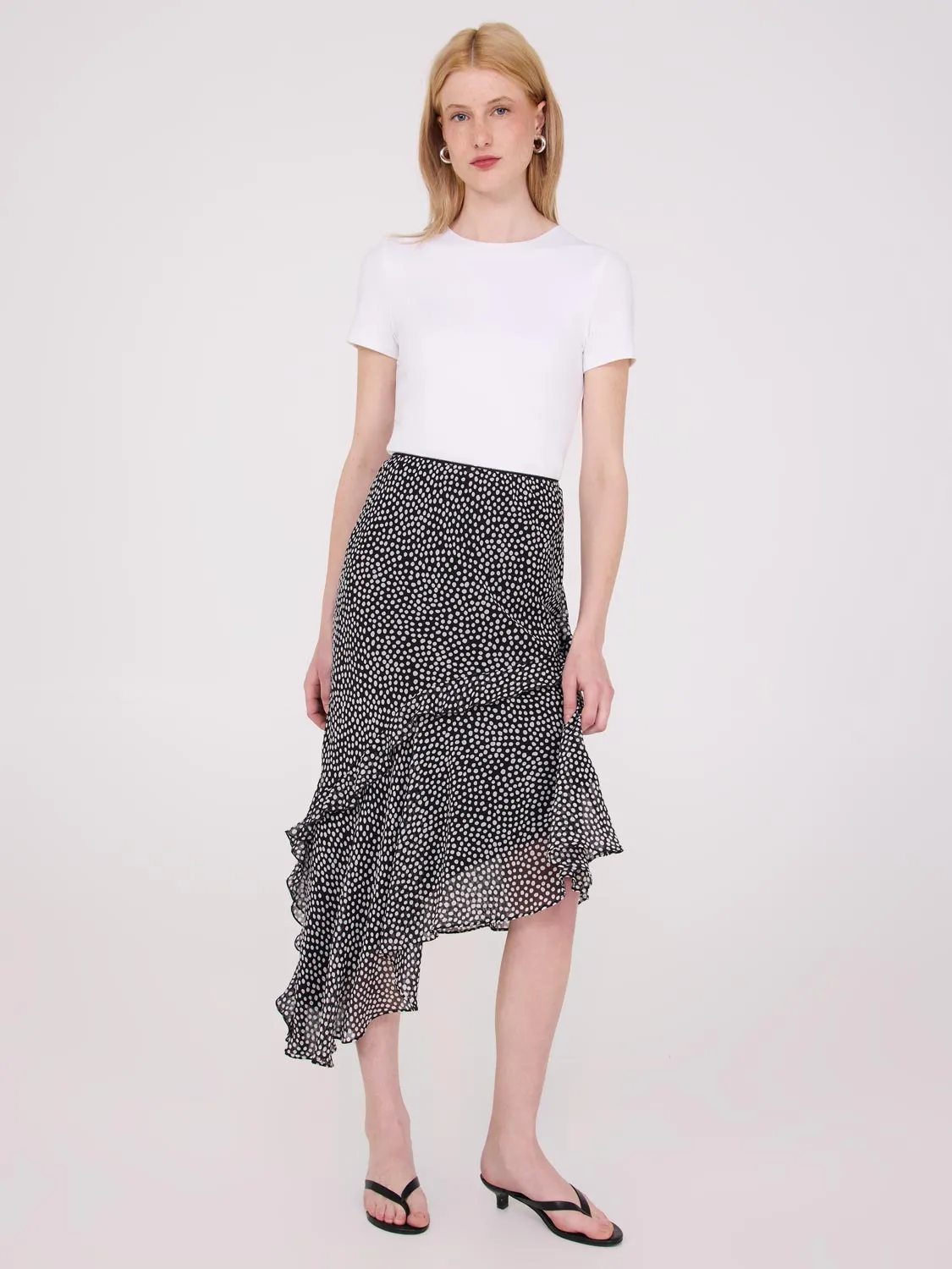 High Density Weave Printed Asymmetrical Ruffle Midi Skirt