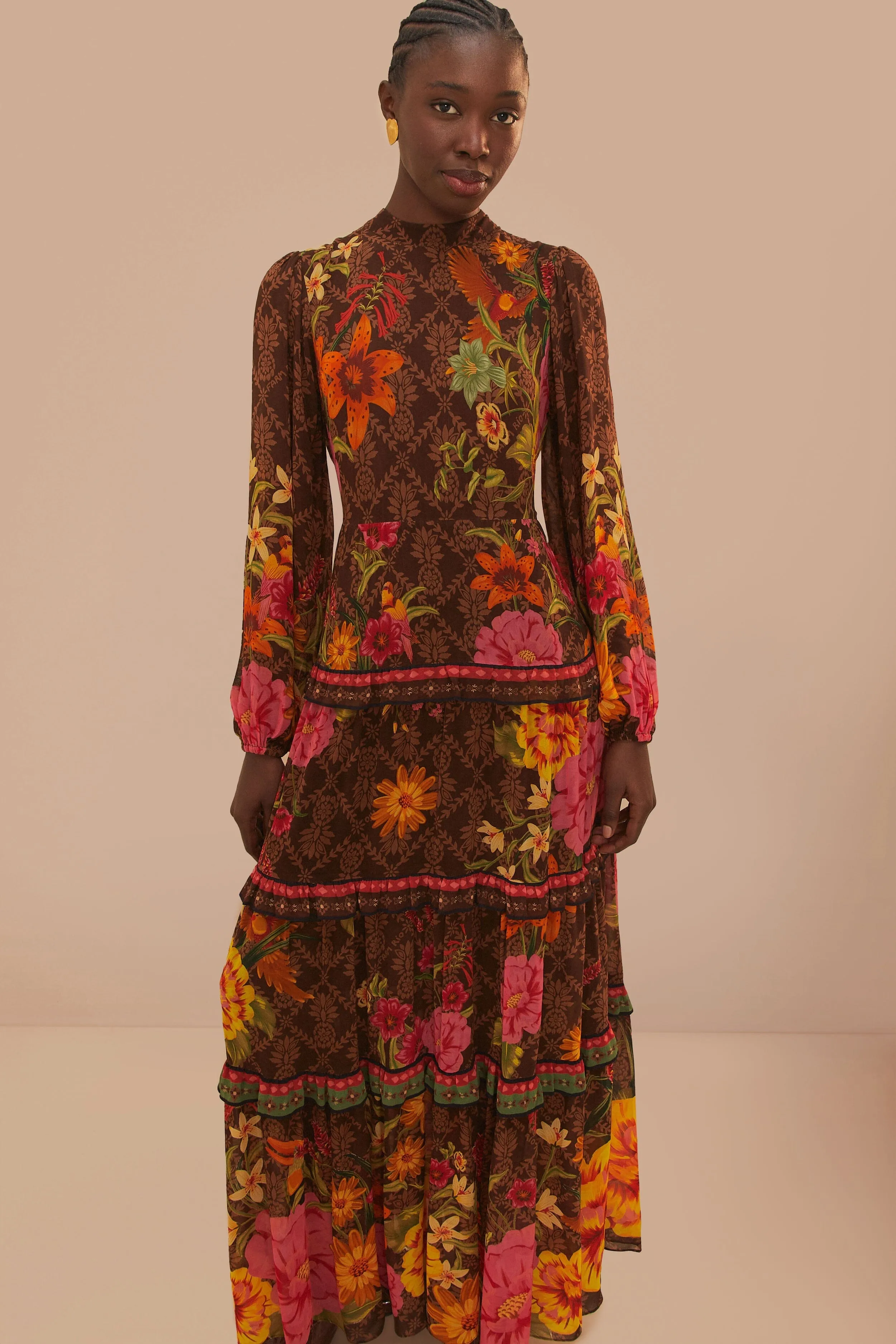 relaxed elegance Brown Charming Garden Long Sleeve Maxi Dress