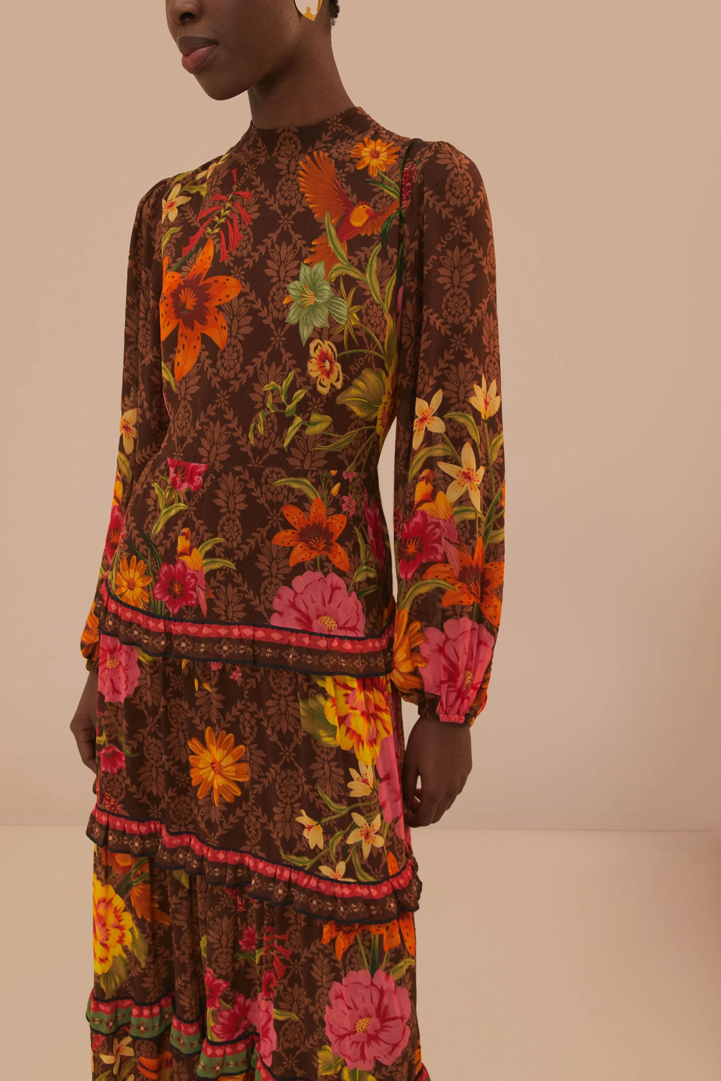 Heat Proof Brown Charming Garden Long Sleeve Maxi Dress